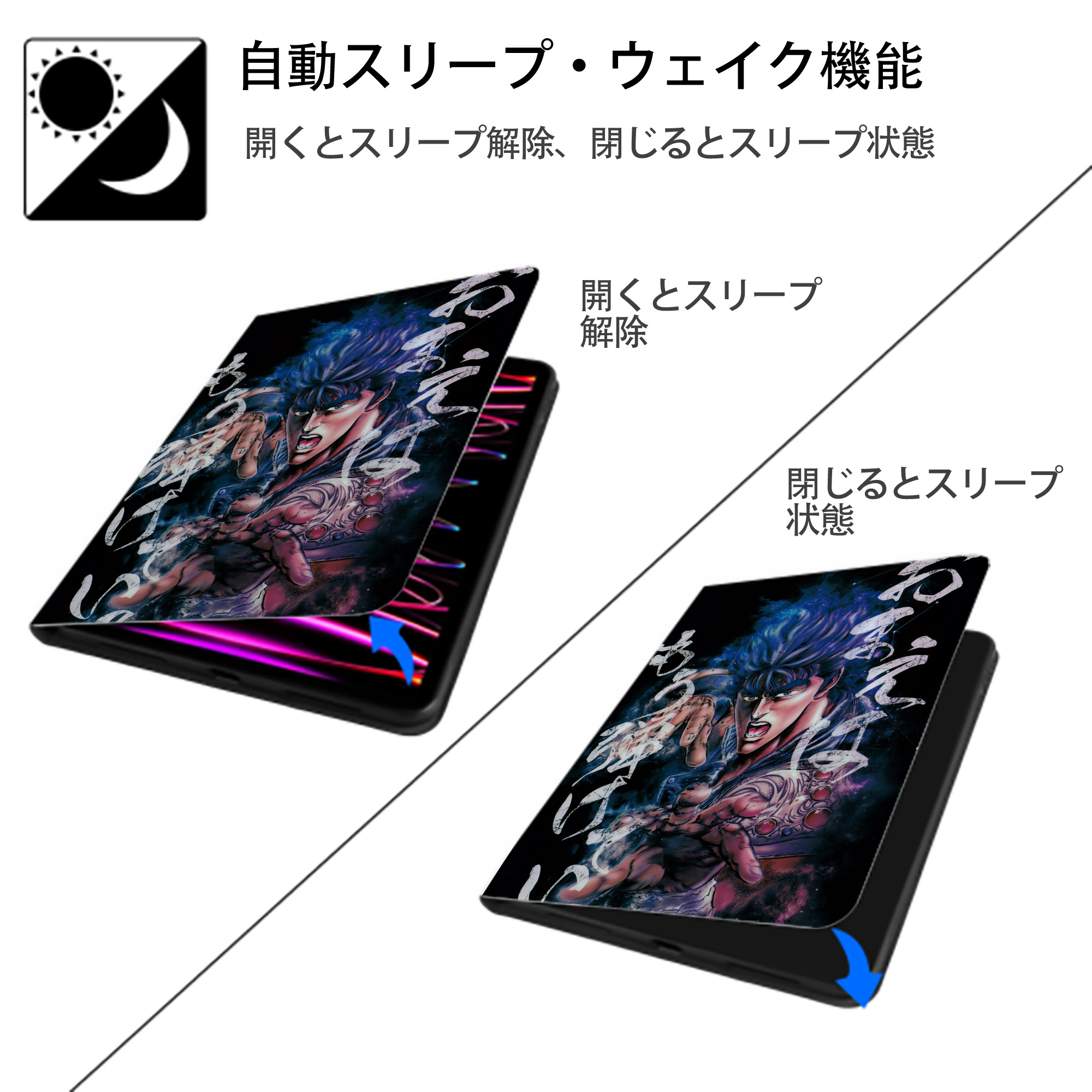 北斗の拳 Fist of the North Star IPad ケース ペン収納付き 三つ折りスタンド PUレザー×シリコン 対応機種9.5/10.5/10.9インチ