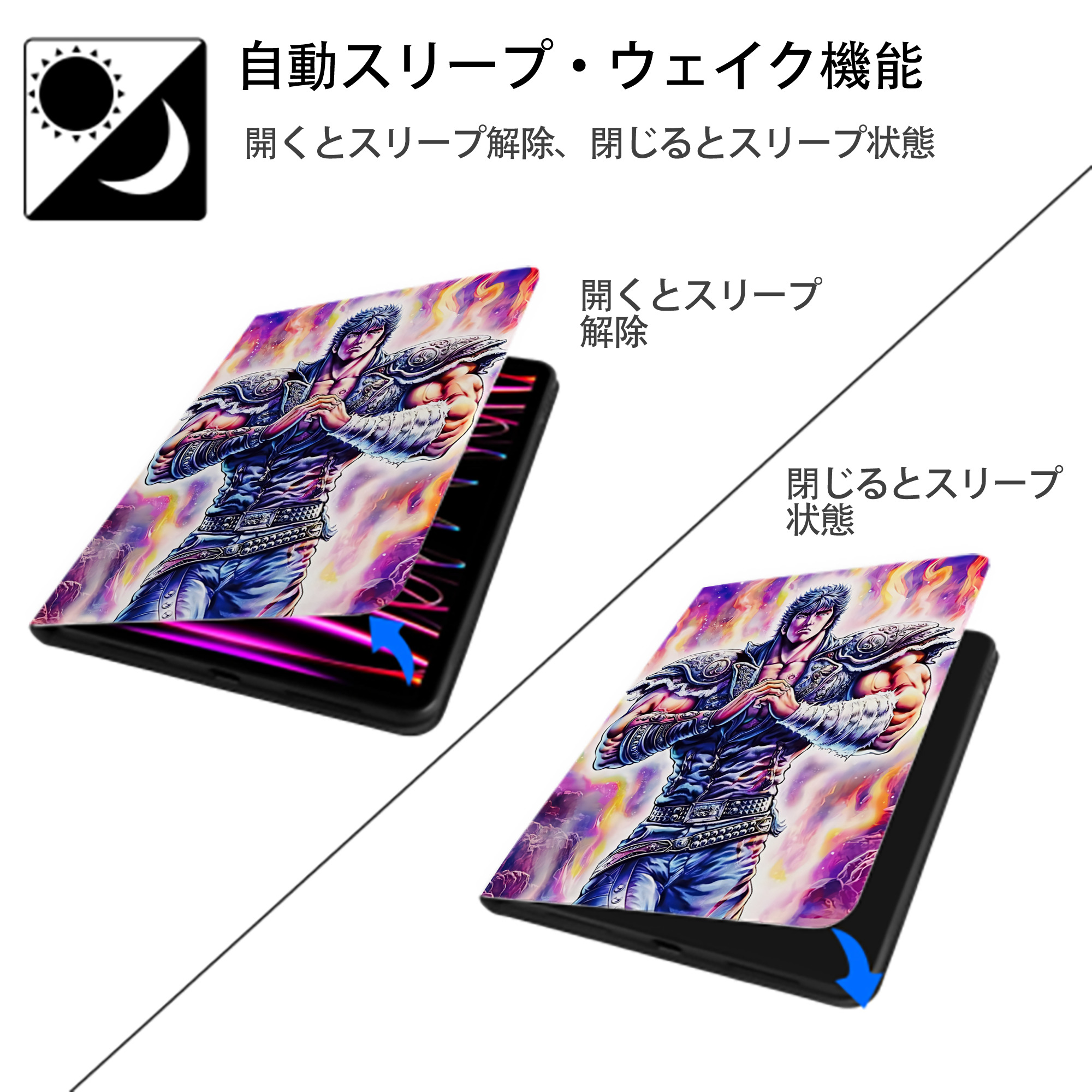 北斗の拳 Fist of the North Star IPad ケース ペン収納付き 三つ折りスタンド PUレザー×シリコン 対応機種9.5/10.5/10.9インチ