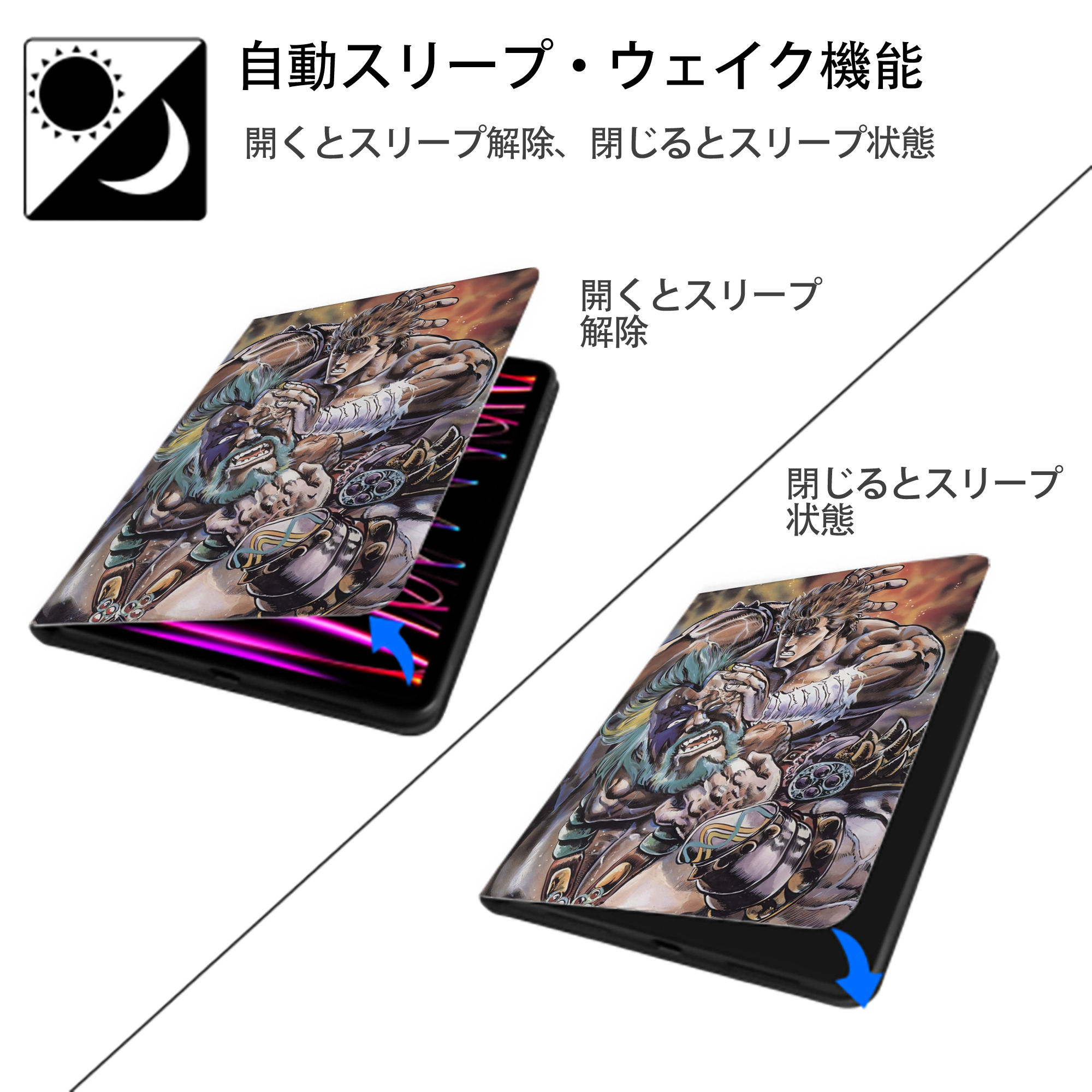 北斗の拳 Fist of the North Star IPad ケース ペン収納付き 三つ折りスタンド PUレザー×シリコン 対応機種9.5/10.5/10.9インチ