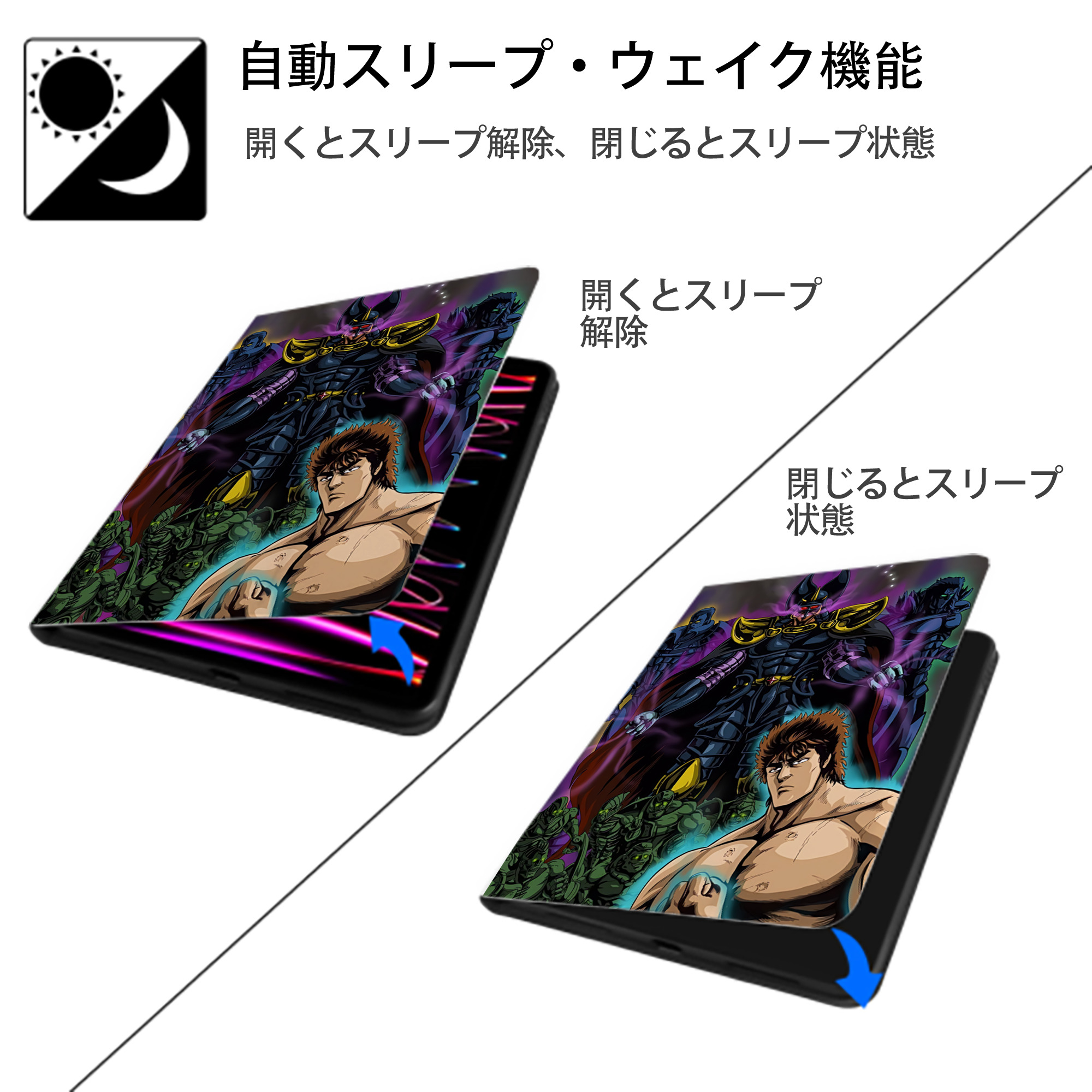 北斗の拳 Fist of the North Star IPad ケース ペン収納付き 三つ折りスタンド PUレザー×シリコン 対応機種9.5/10.5/10.9インチ