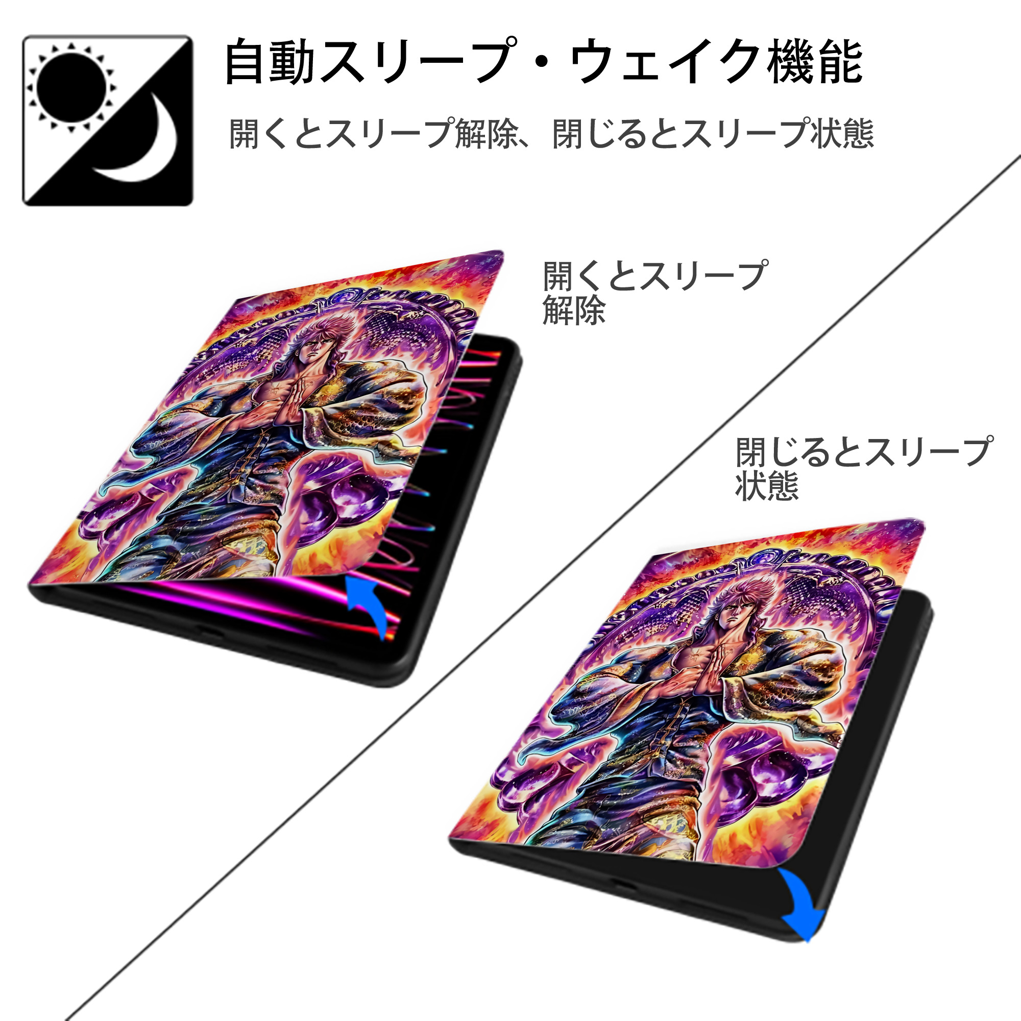 北斗の拳 Fist of the North Star IPad ケース ペン収納付き 三つ折りスタンド PUレザー×シリコン 対応機種9.5/10.5/10.9インチ