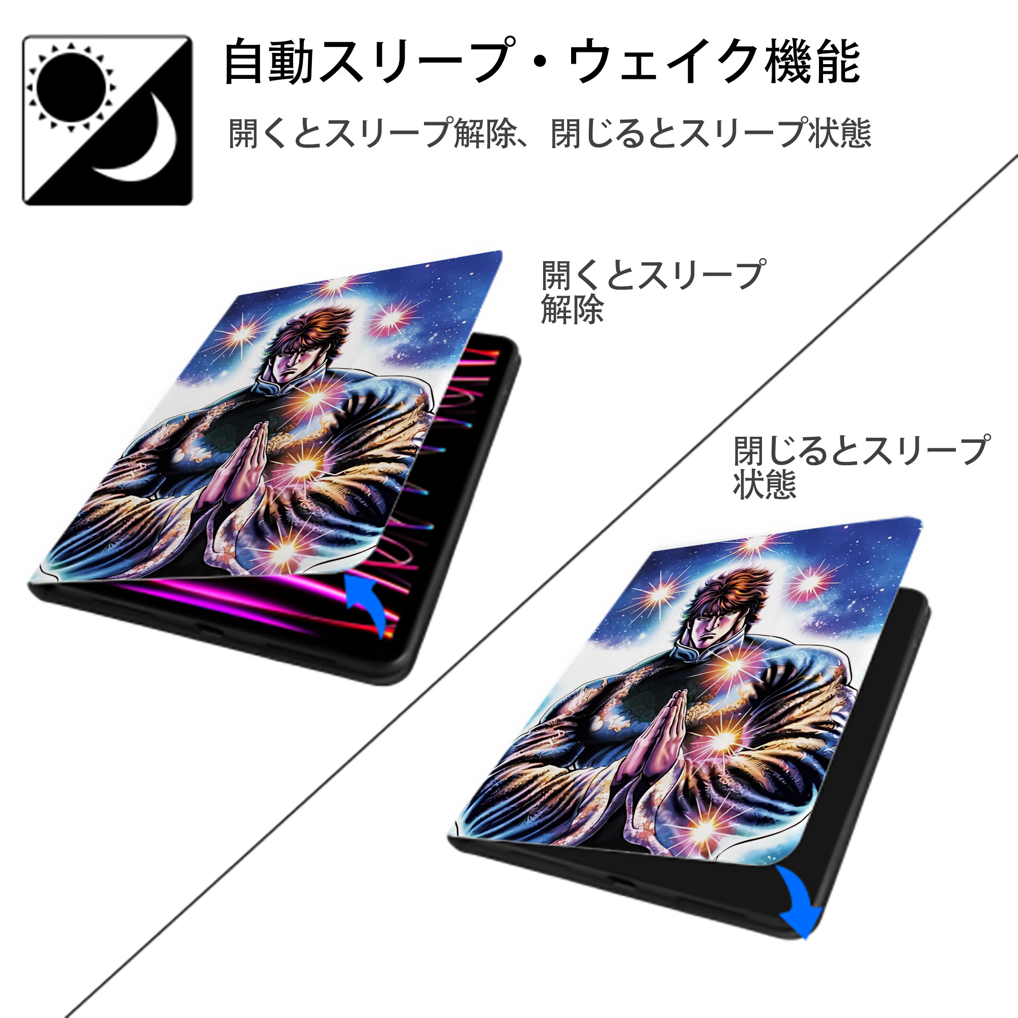 北斗の拳 Fist of the North Star IPad ケース ペン収納付き 三つ折りスタンド PUレザー×シリコン 対応機種9.5/10.5/10.9インチ