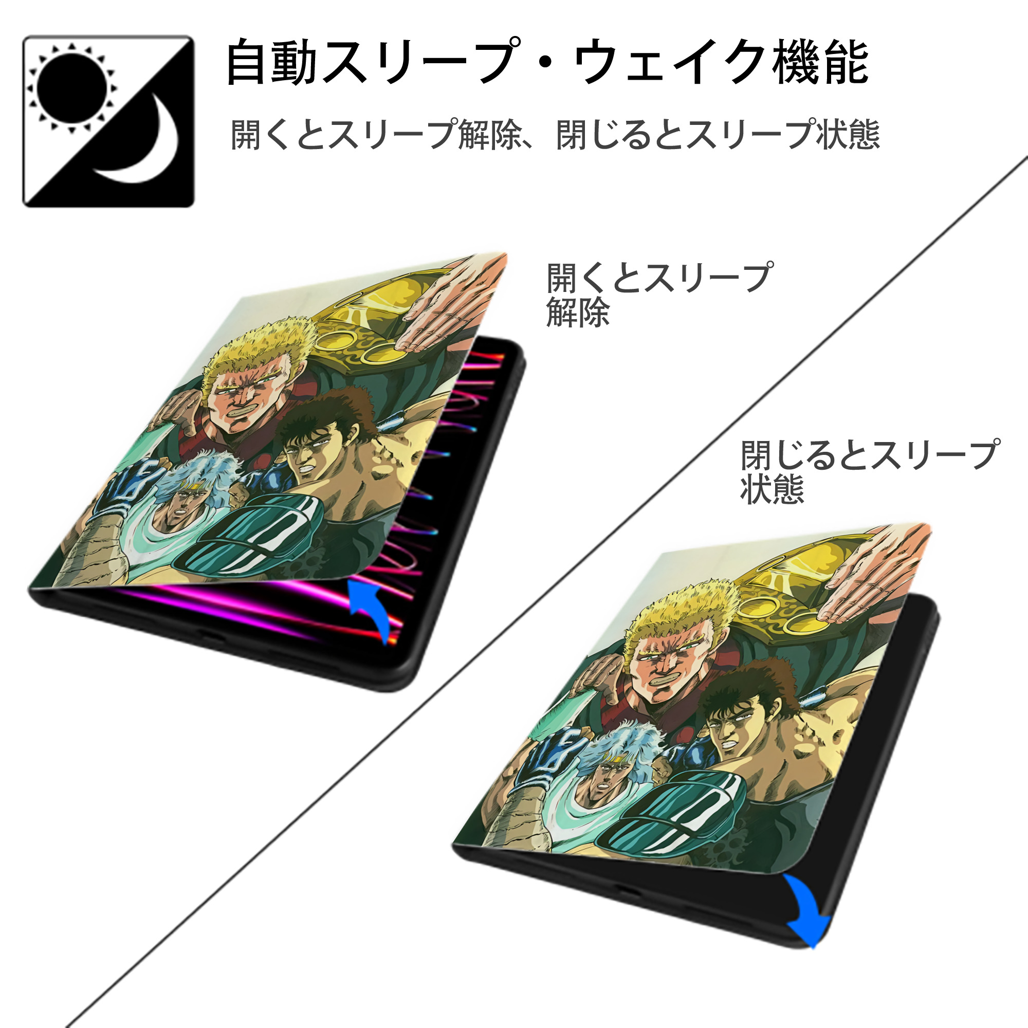 北斗の拳 Fist of the North Star IPad ケース ペン収納付き 三つ折りスタンド PUレザー×シリコン 対応機種9.5/10.5/10.9インチ