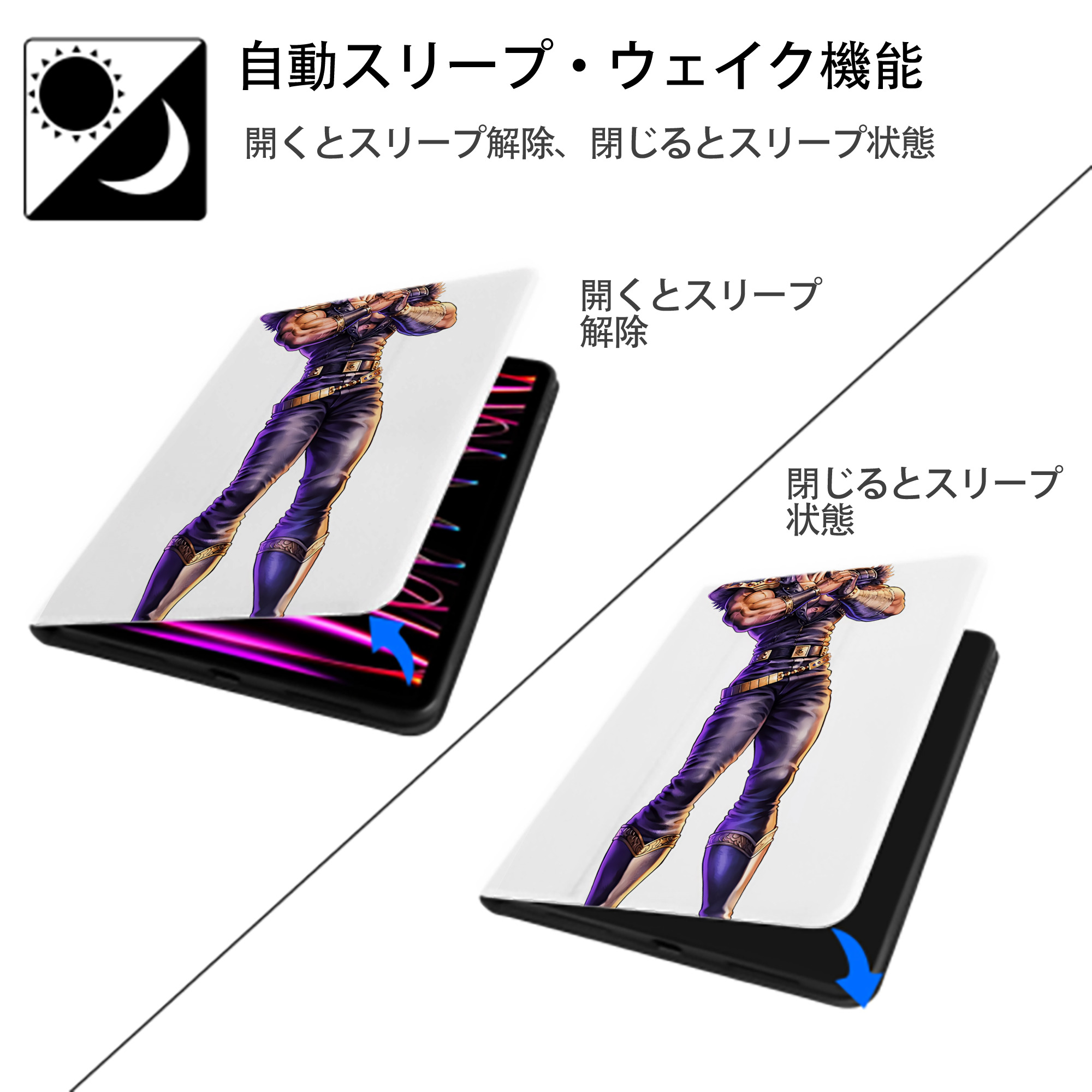北斗の拳 Fist of the North Star IPad ケース ペン収納付き 三つ折りスタンド PUレザー×シリコン 対応機種9.5/10.5/10.9インチ