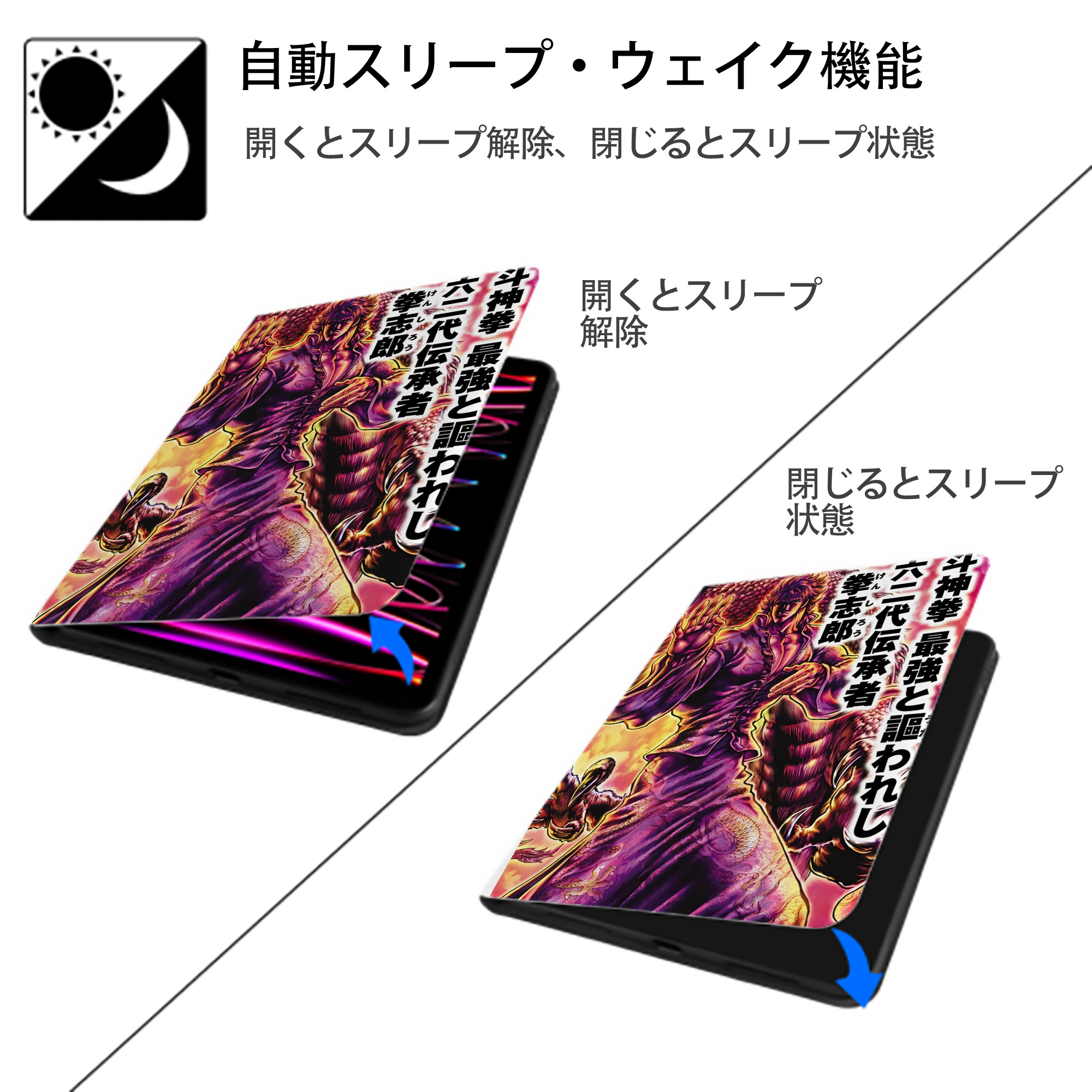 北斗の拳 Fist of the North Star IPad ケース ペン収納付き 三つ折りスタンド PUレザー×シリコン 対応機種9.5/10.5/10.9インチ