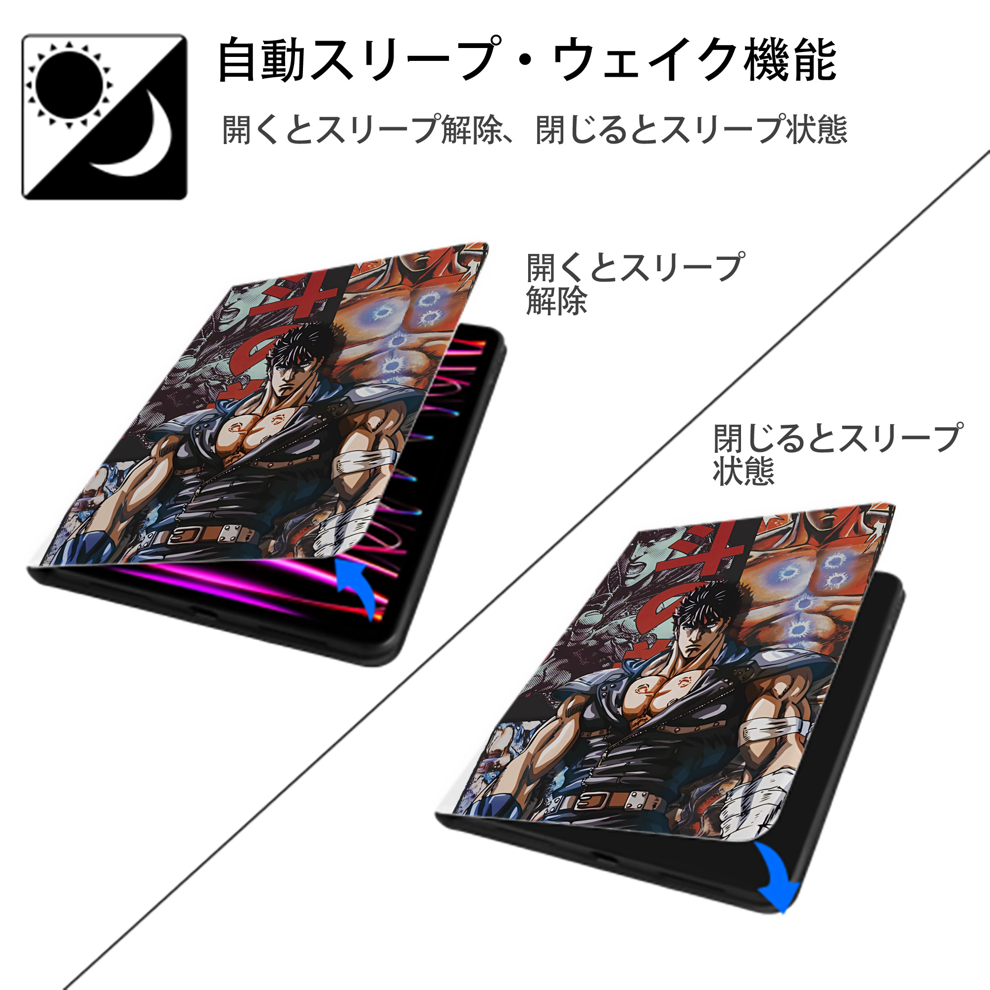 北斗の拳 Fist of the North Star IPad ケース ペン収納付き 三つ折りスタンド PUレザー×シリコン 対応機種9.5/10.5/10.9インチ