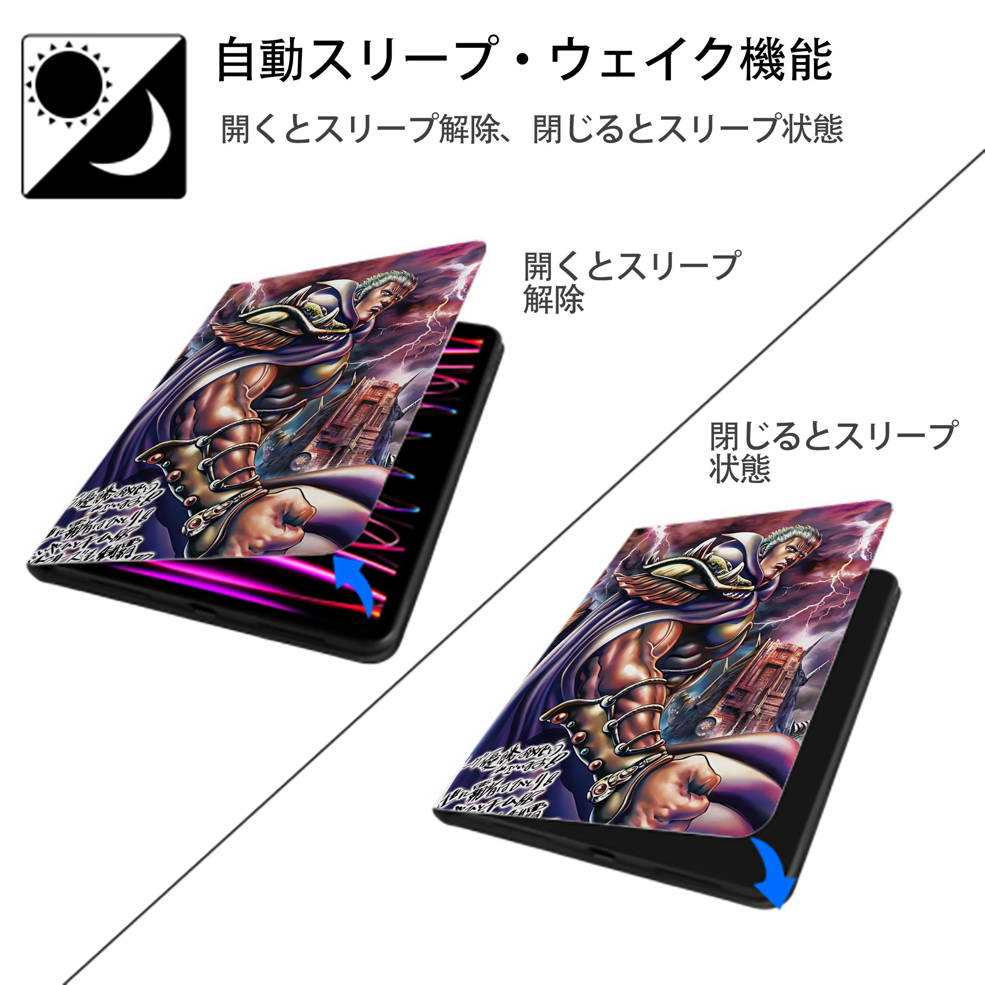北斗の拳 Fist of the North Star IPad ケース ペン収納付き 三つ折りスタンド PUレザー×シリコン 対応機種9.5/10.5/10.9インチ
