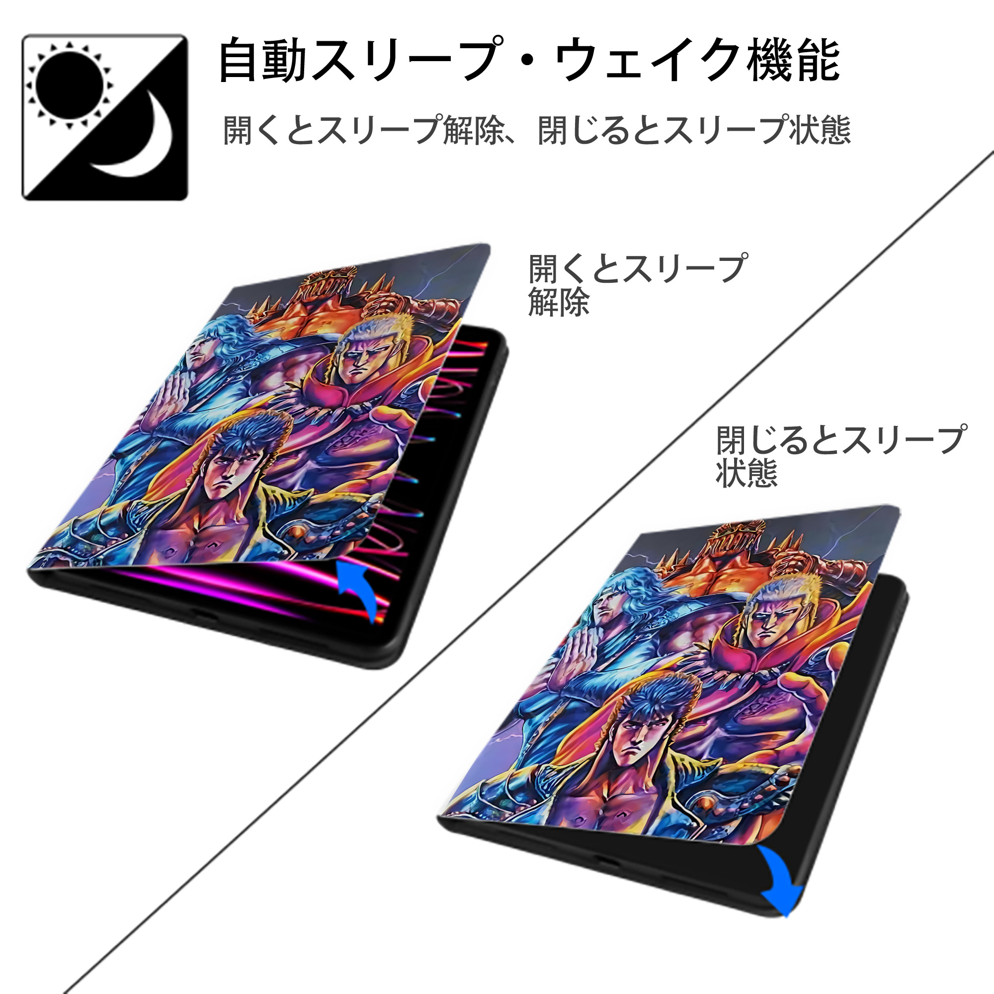 北斗の拳 Fist of the North Star IPad ケース ペン収納付き 三つ折りスタンド PUレザー×シリコン 対応機種9.5/10.5/10.9インチ