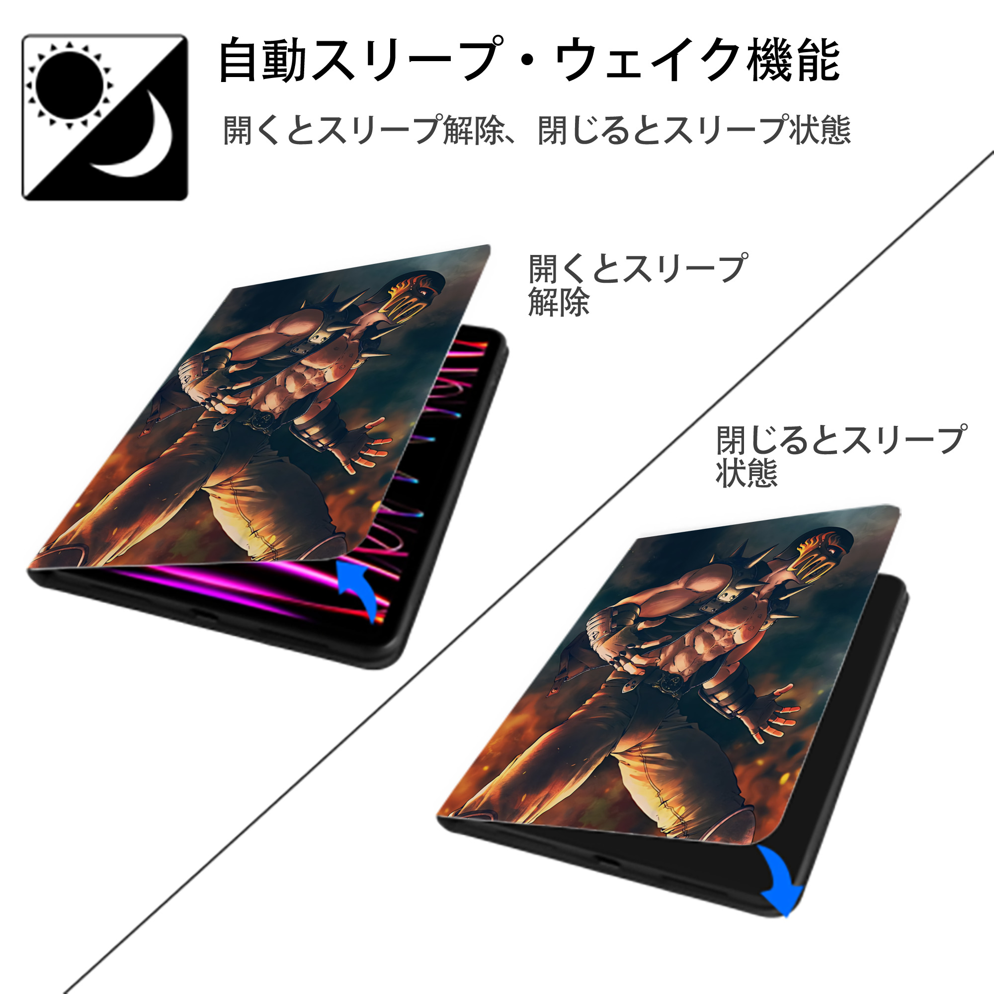 北斗の拳 Fist of the North Star IPad ケース ペン収納付き 三つ折りスタンド PUレザー×シリコン 対応機種9.5/10.5/10.9インチ