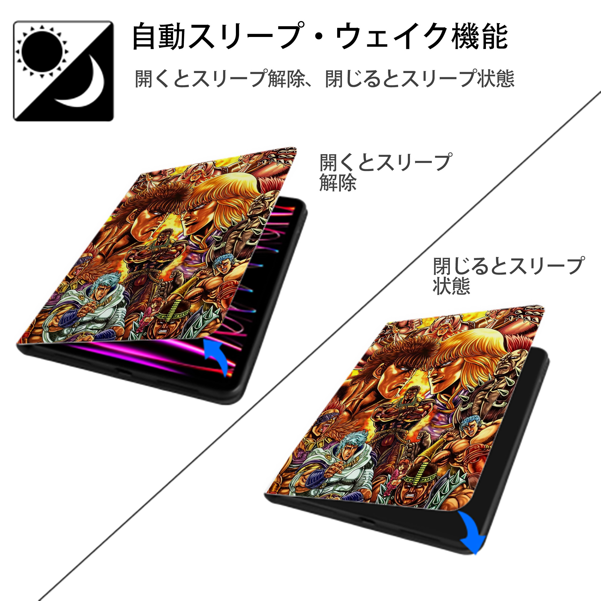 北斗の拳 Fist of the North Star IPad ケース ペン収納付き 三つ折りスタンド PUレザー×シリコン 対応機種9.5/10.5/10.9インチ