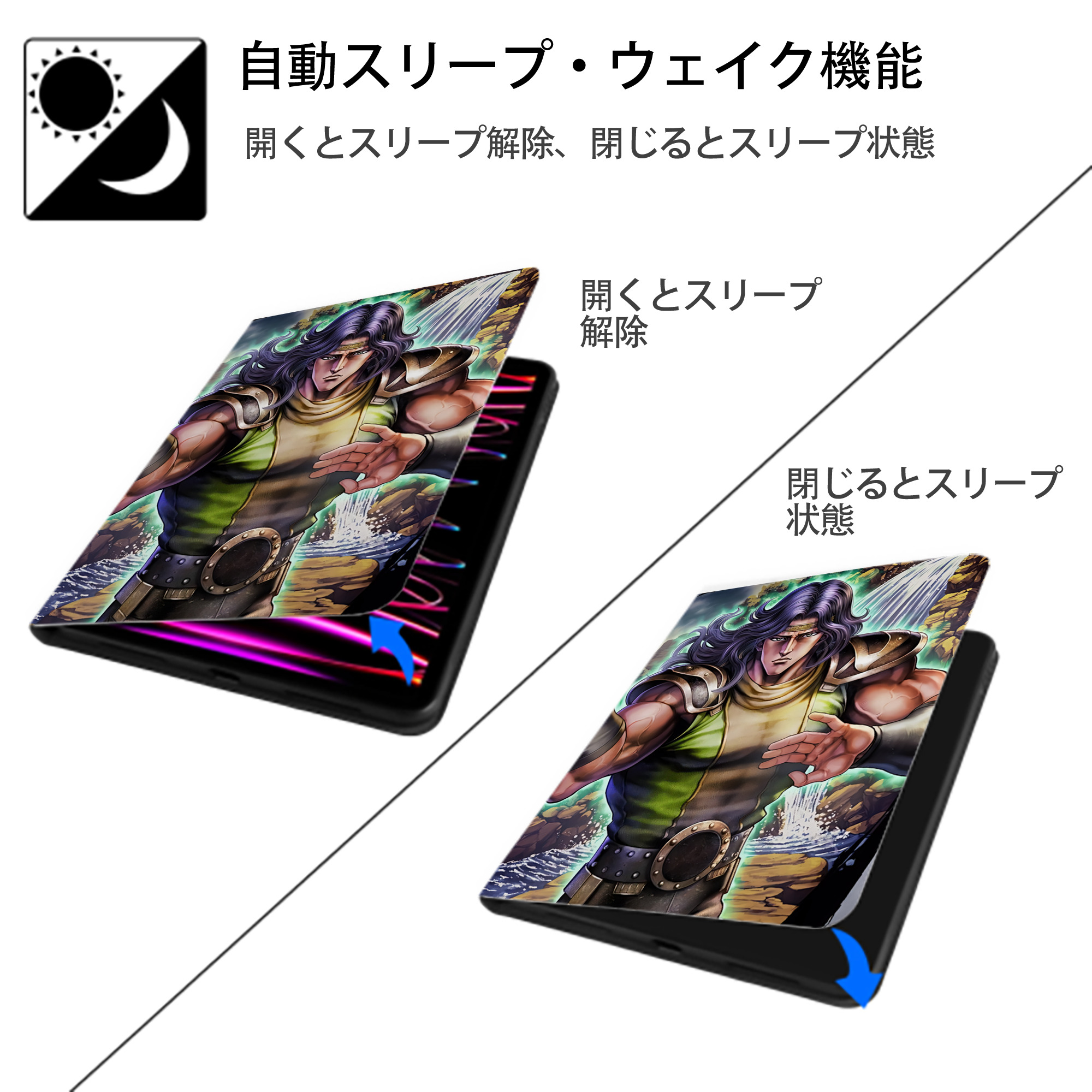 北斗の拳 Fist of the North Star IPad ケース ペン収納付き 三つ折りスタンド PUレザー×シリコン 対応機種9.5/10.5/10.9インチ