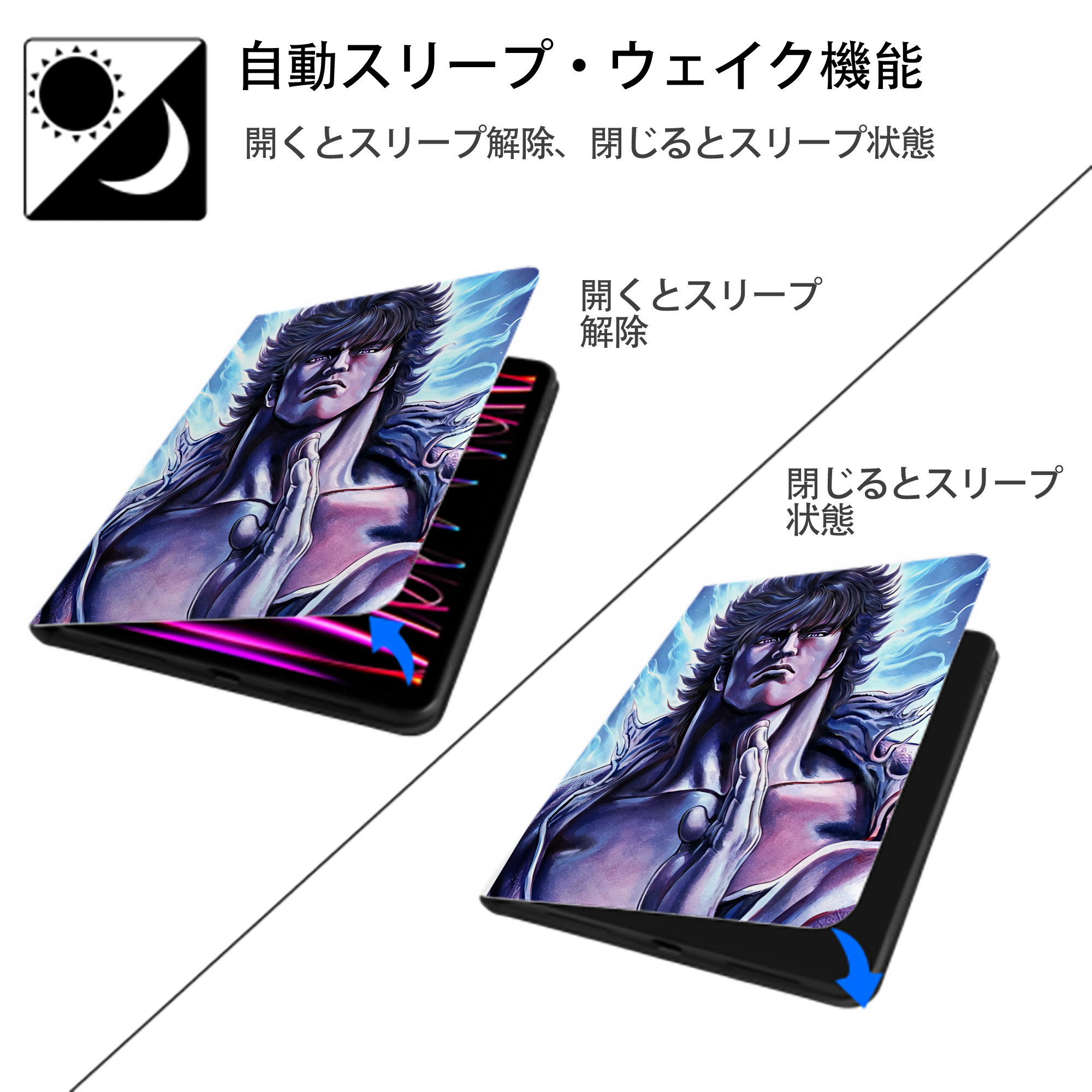 北斗の拳 Fist of the North Star IPad ケース ペン収納付き 三つ折りスタンド PUレザー×シリコン 対応機種9.5/10.5/10.9インチ