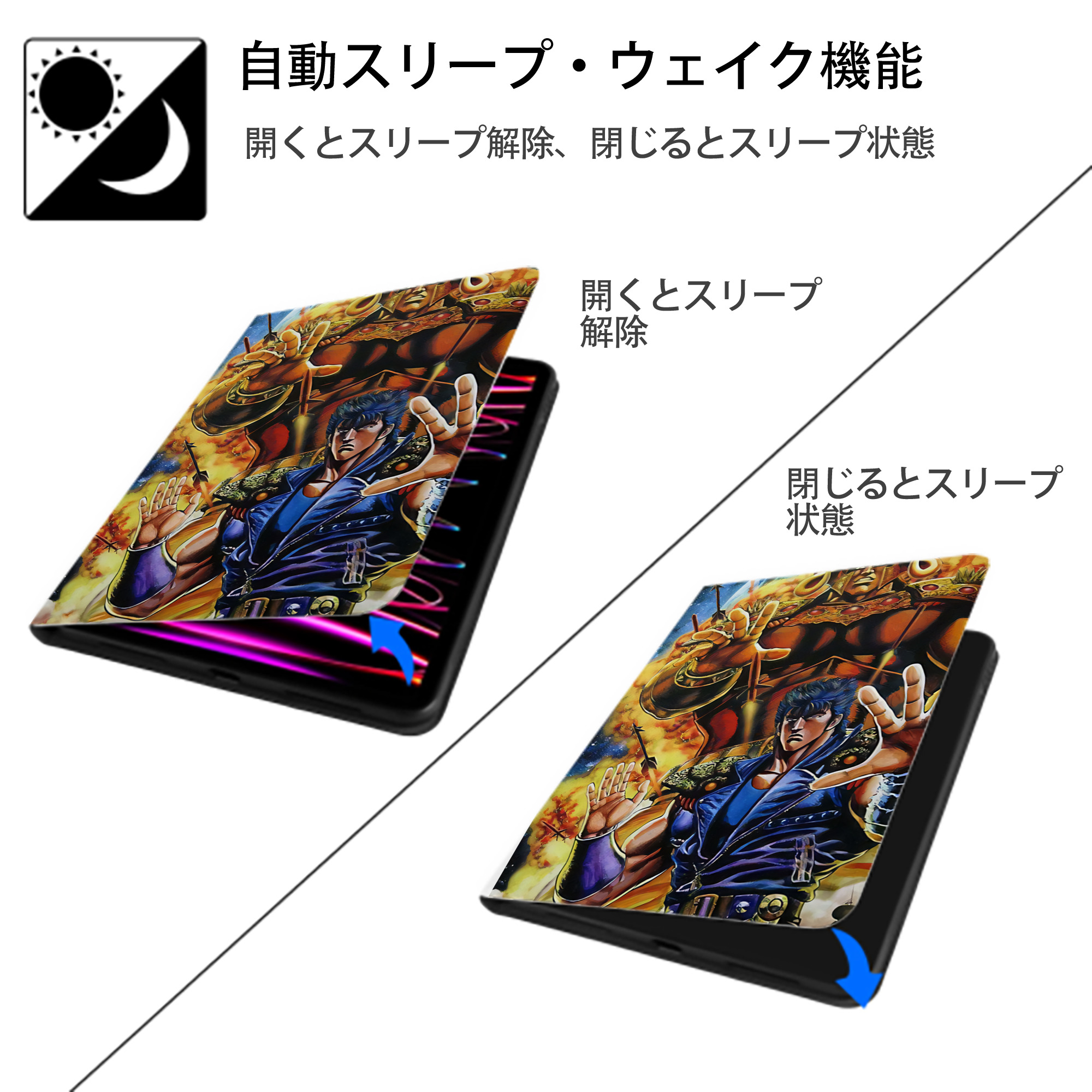 北斗の拳 Fist of the North Star IPad ケース ペン収納付き 三つ折りスタンド PUレザー×シリコン 対応機種9.5/10.5/10.9インチ
