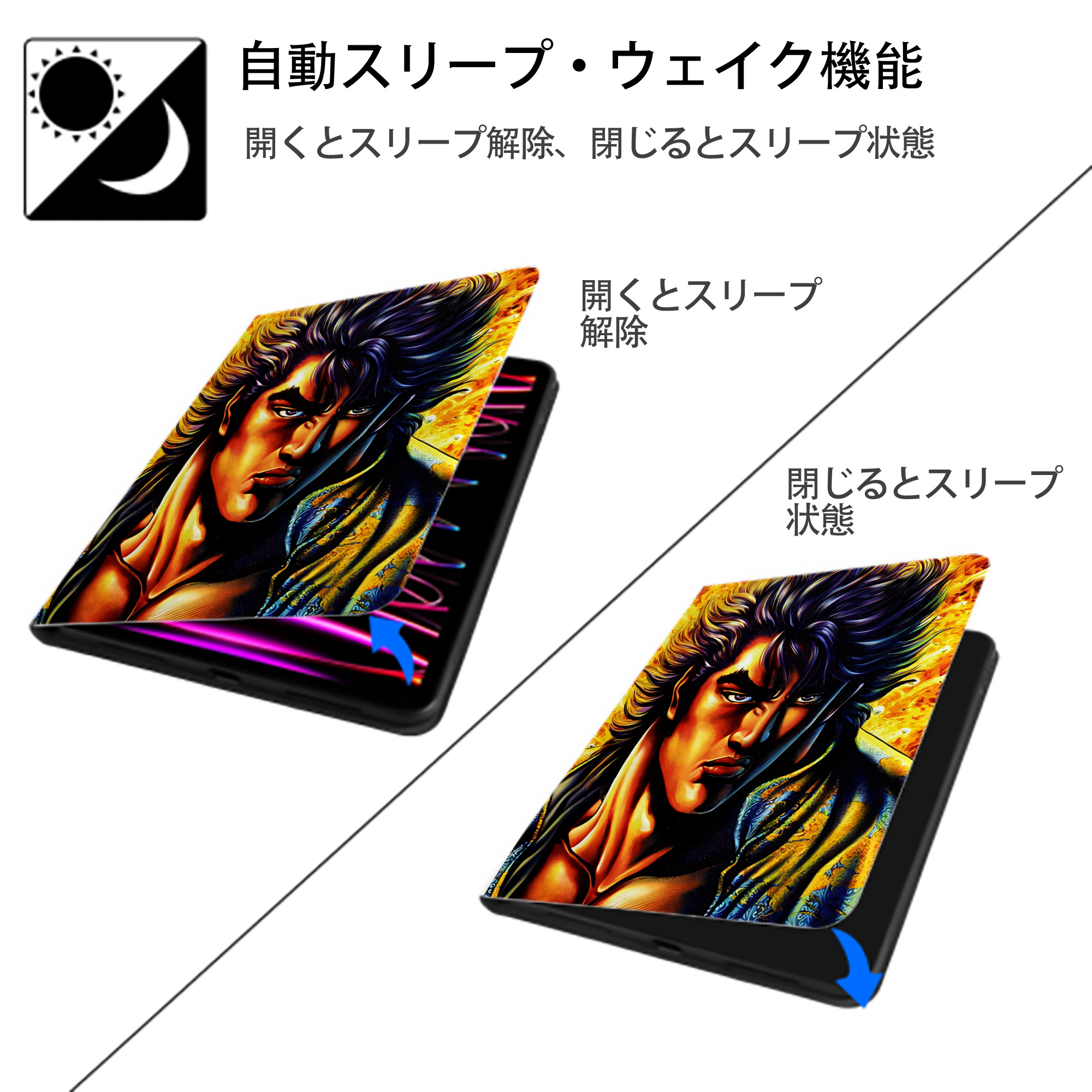 北斗の拳 Fist of the North Star IPad ケース ペン収納付き 三つ折りスタンド PUレザー×シリコン 対応機種9.5/10.5/10.9インチ