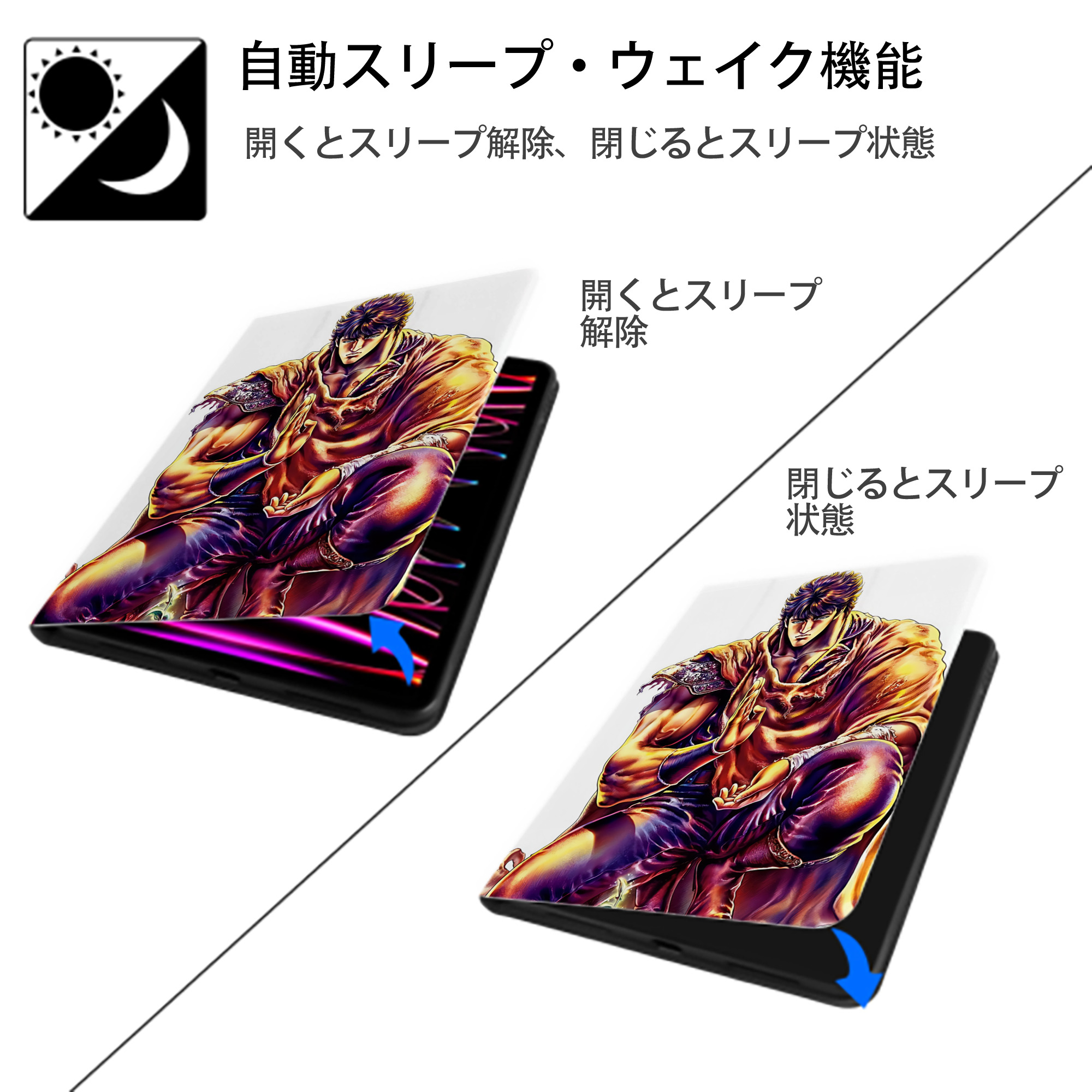 北斗の拳 Fist of the North Star IPad ケース ペン収納付き 三つ折りスタンド PUレザー×シリコン 対応機種9.5/10.5/10.9インチ