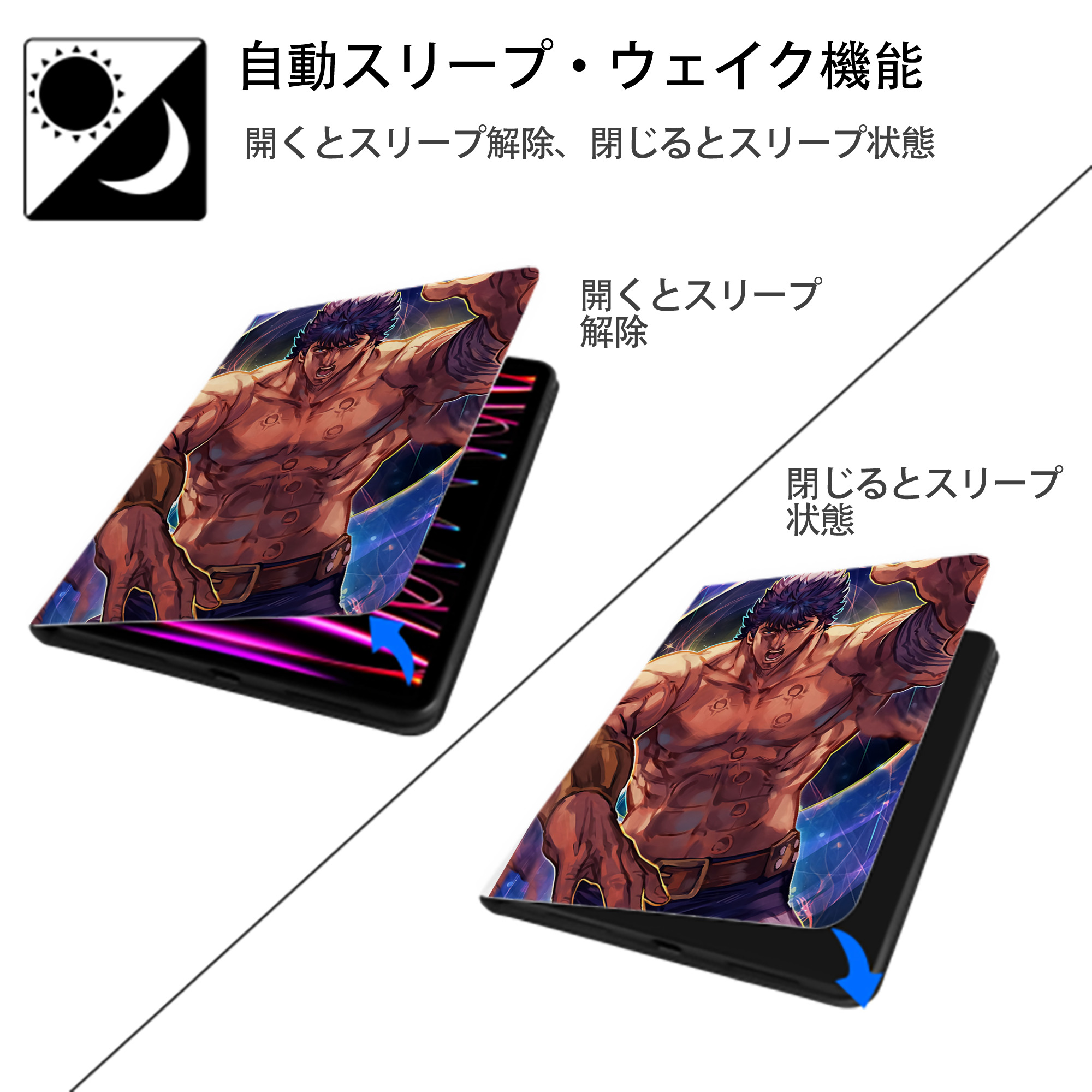 北斗の拳 Fist of the North Star IPad ケース ペン収納付き 三つ折りスタンド PUレザー×シリコン 対応機種9.5/10.5/10.9インチ