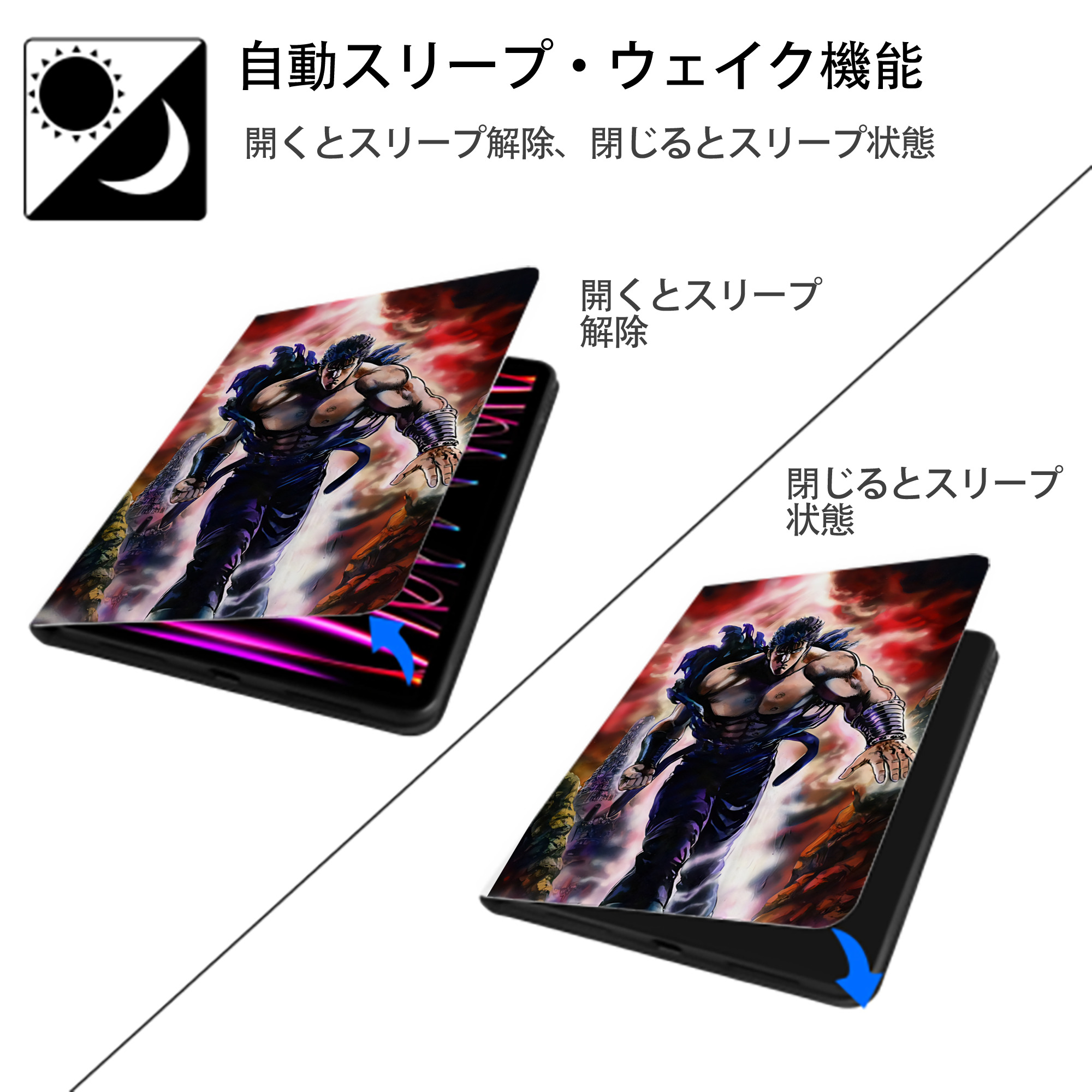 北斗の拳 Fist of the North Star IPad ケース ペン収納付き 三つ折りスタンド PUレザー×シリコン 対応機種9.5/10.5/10.9インチ