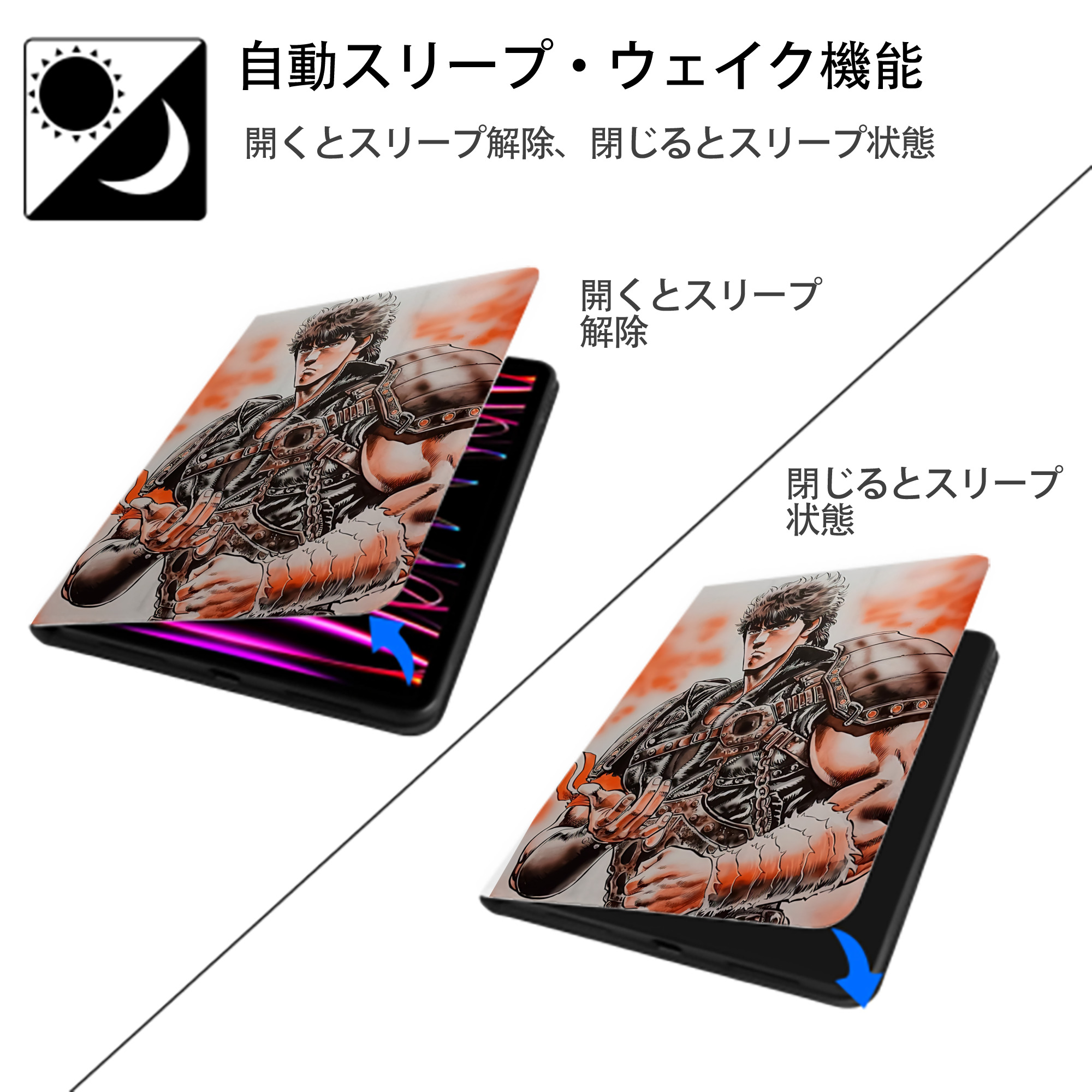北斗の拳 Fist of the North Star IPad ケース ペン収納付き 三つ折りスタンド PUレザー×シリコン 対応機種9.5/10.5/10.9インチ