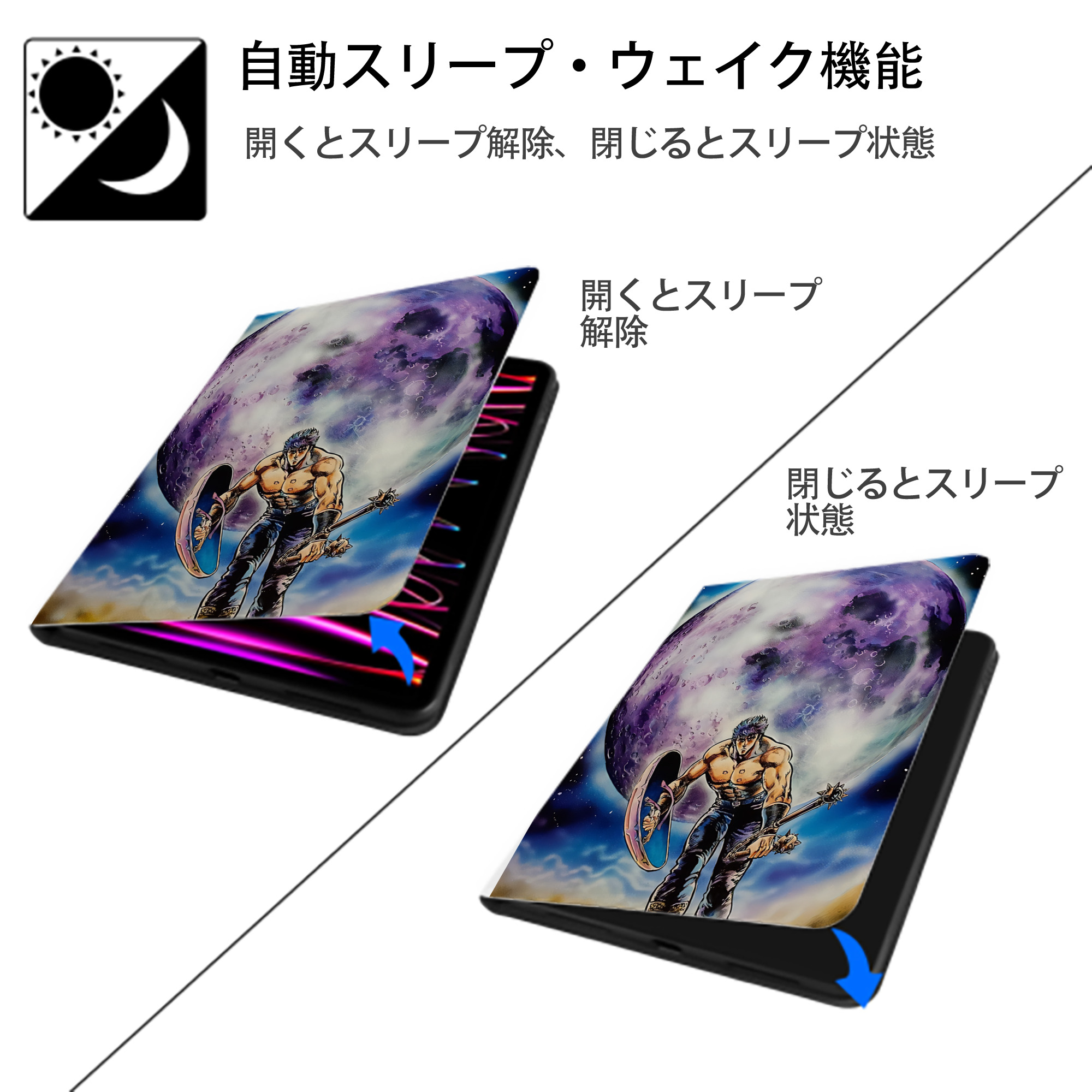 北斗の拳 Fist of the North Star IPad ケース ペン収納付き 三つ折りスタンド PUレザー×シリコン 対応機種9.5/10.5/10.9インチ