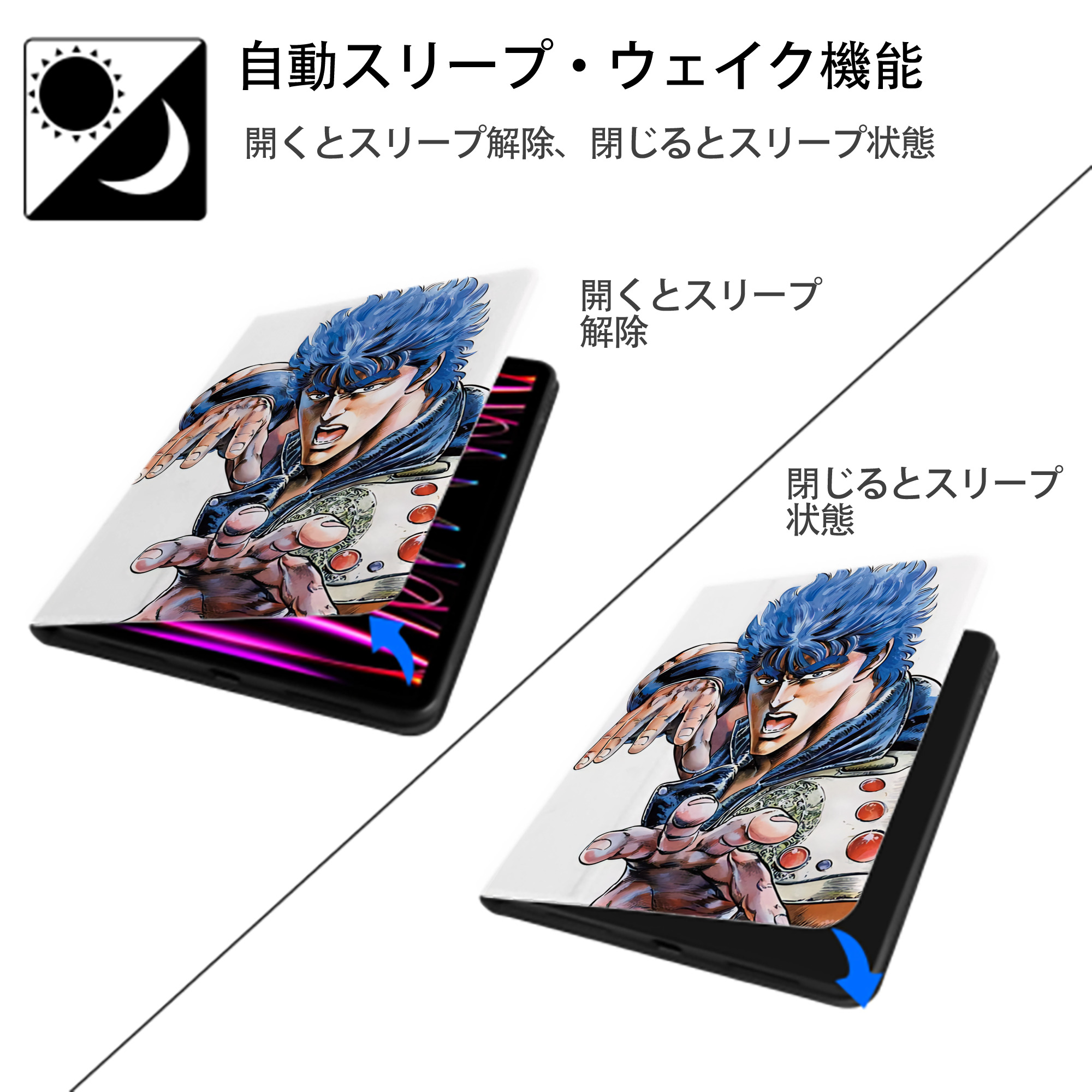北斗の拳 Fist of the North Star IPad ケース ペン収納付き 三つ折りスタンド PUレザー×シリコン 対応機種9.5/10.5/10.9インチ