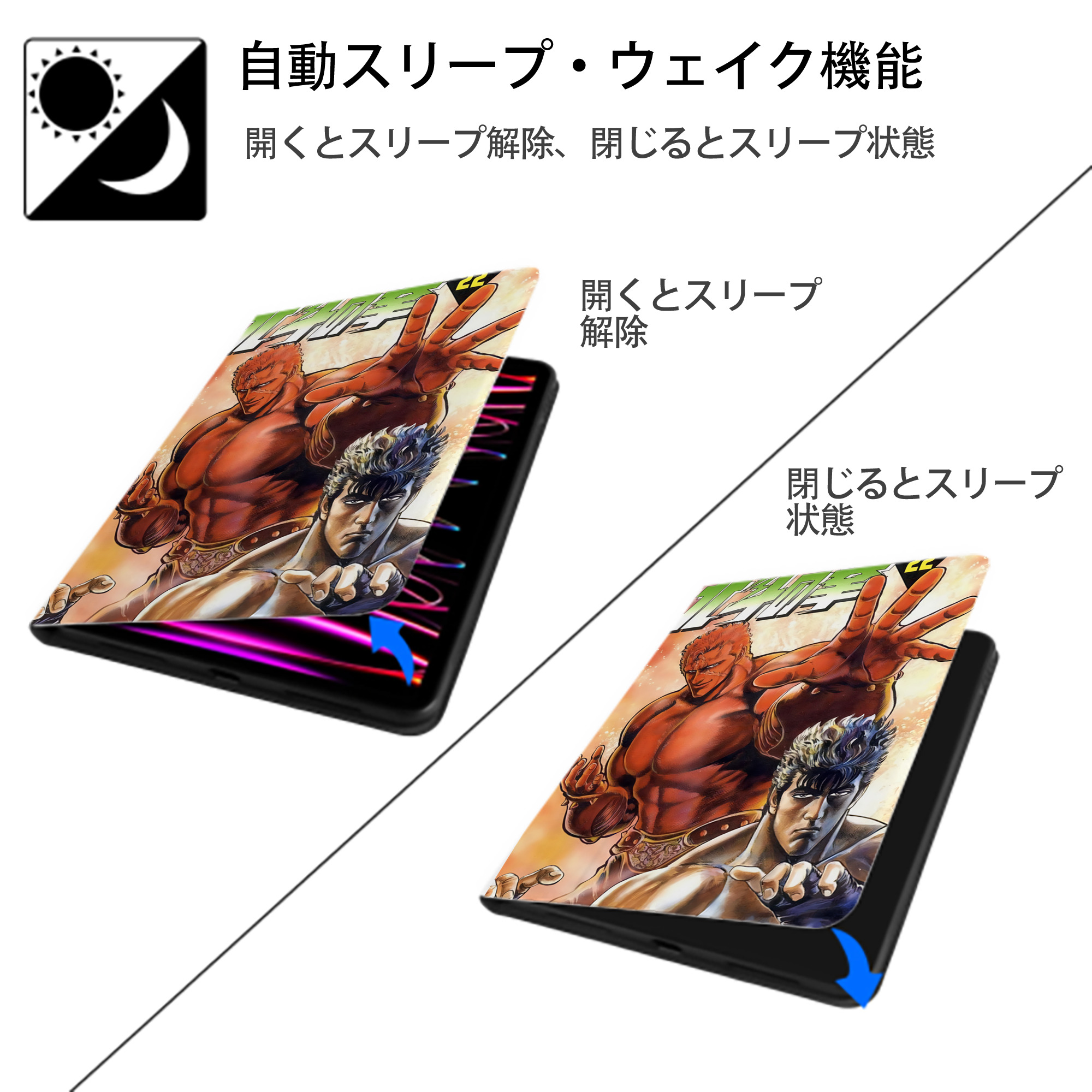 北斗の拳 Fist of the North Star IPad ケース ペン収納付き 三つ折りスタンド PUレザー×シリコン 対応機種9.5/10.5/10.9インチ