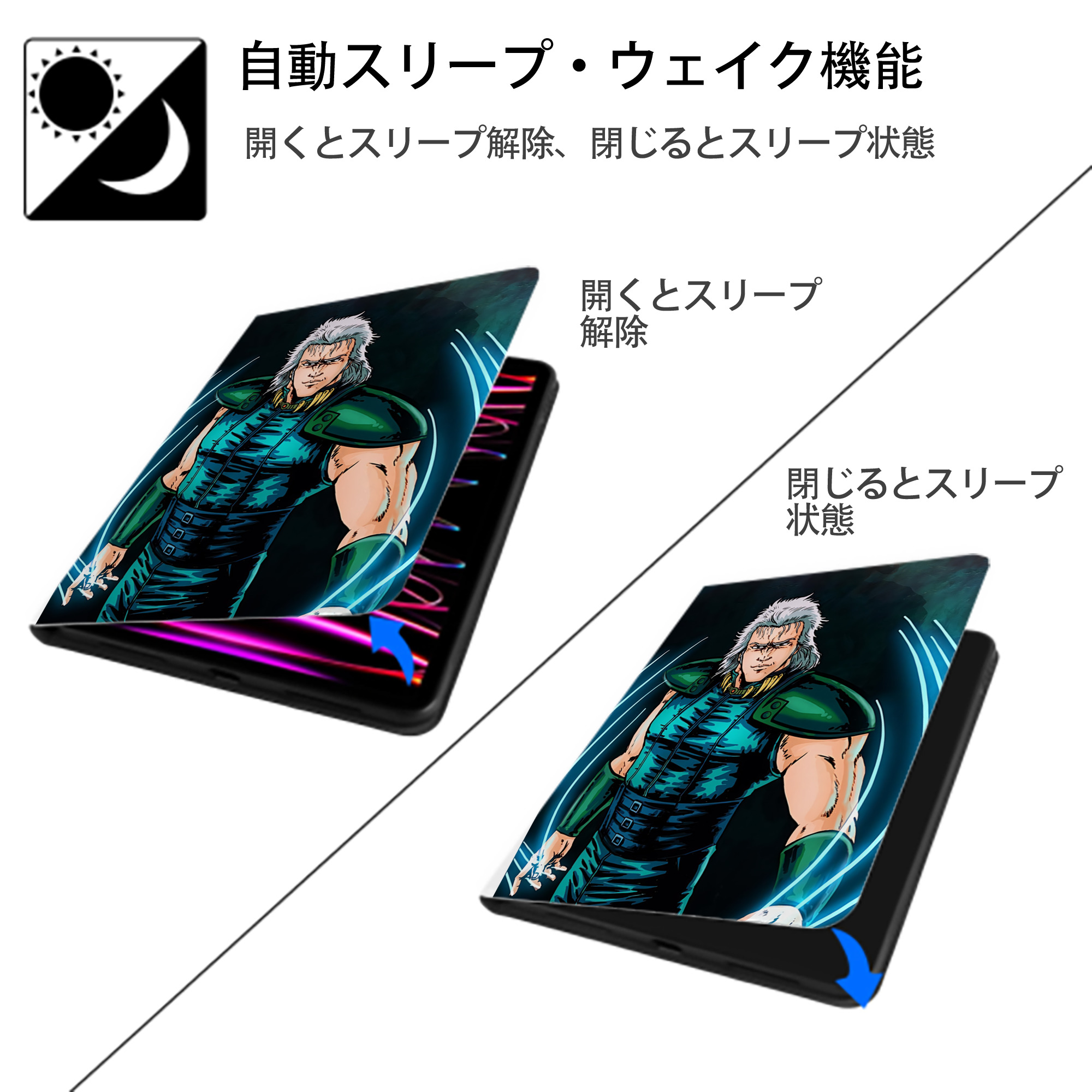 北斗の拳 Fist of the North Star IPad ケース ペン収納付き 三つ折りスタンド PUレザー×シリコン 対応機種9.5/10.5/10.9インチ