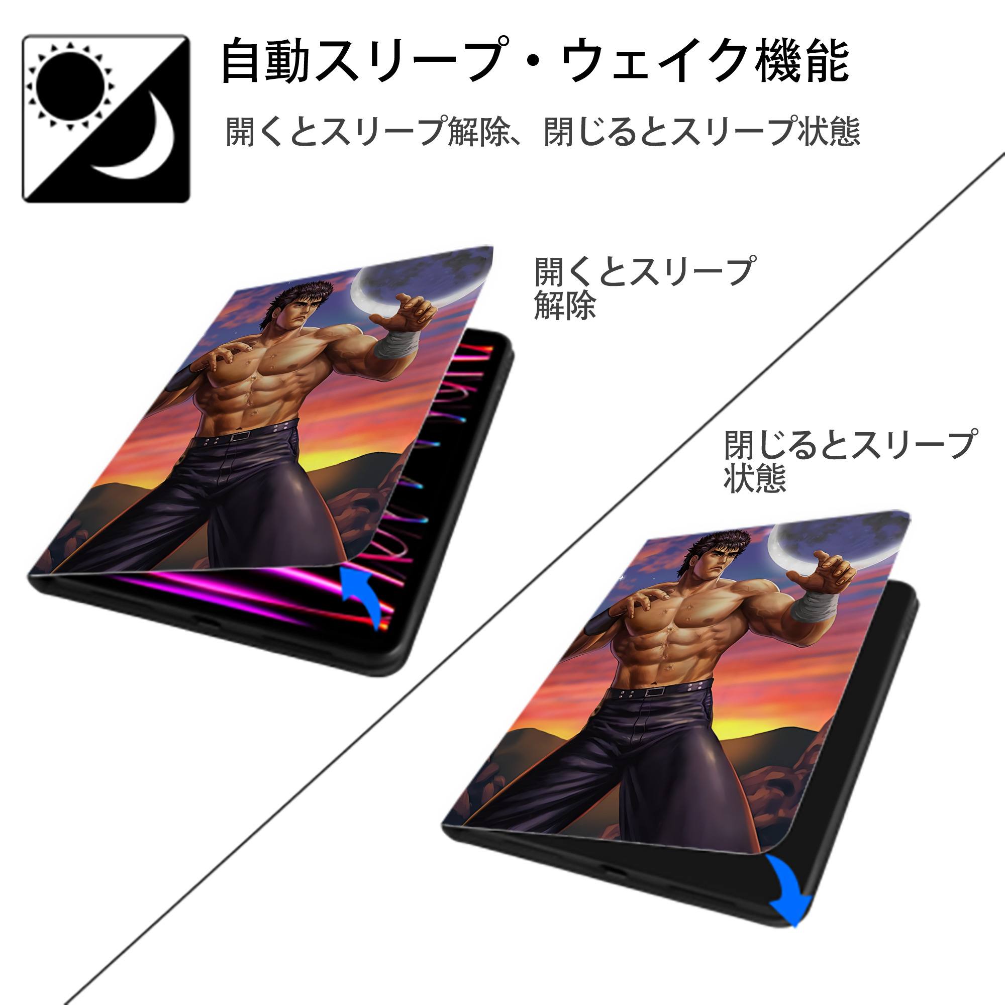 北斗の拳 Fist of the North Star IPad ケース ペン収納付き 三つ折りスタンド PUレザー×シリコン 対応機種9.5/10.5/10.9インチ
