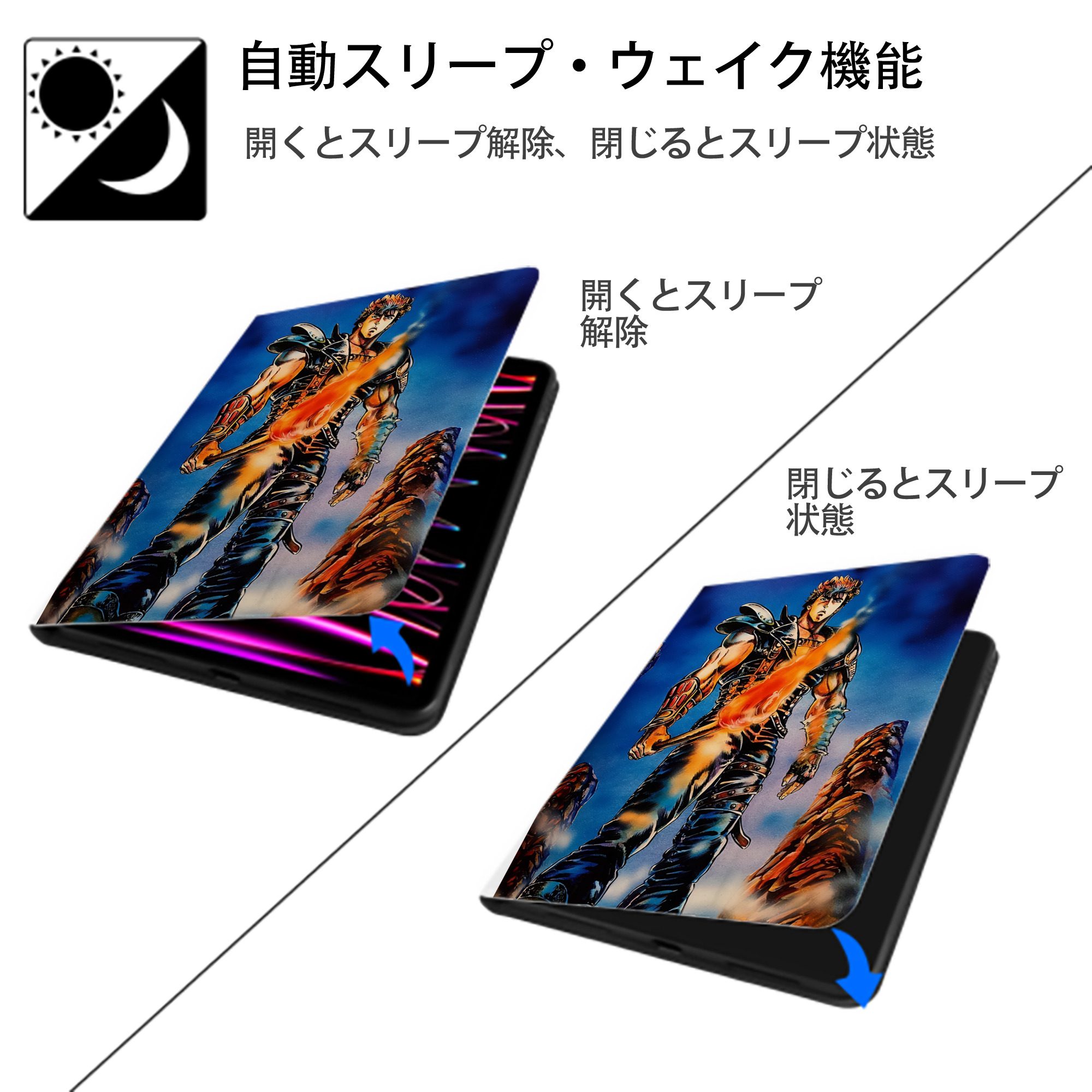 北斗の拳 Fist of the North Star IPad ケース ペン収納付き 三つ折りスタンド PUレザー×シリコン 対応機種9.5/10.5/10.9インチ