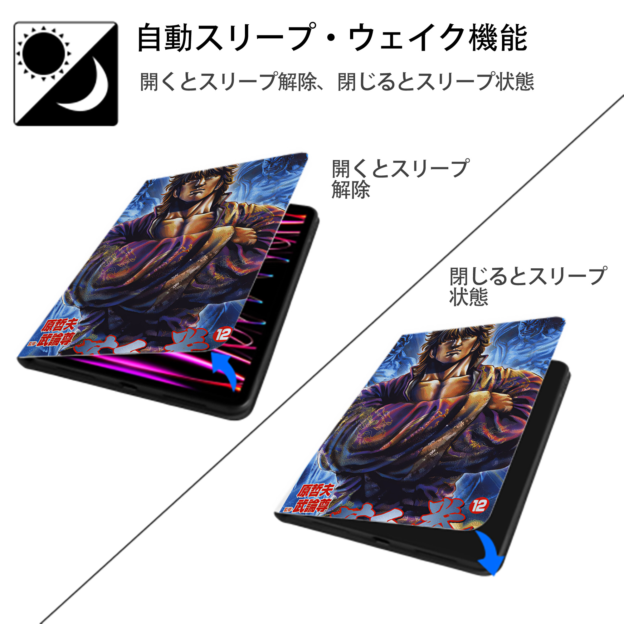 北斗の拳 Fist of the North Star IPad ケース ペン収納付き 三つ折りスタンド PUレザー×シリコン 対応機種9.5/10.5/10.9インチ