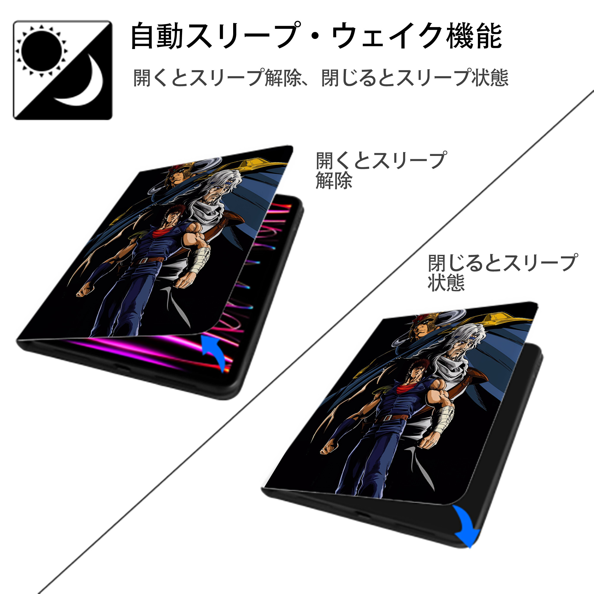 北斗の拳 Fist of the North Star IPad ケース ペン収納付き 三つ折りスタンド PUレザー×シリコン 対応機種9.5/10.5/10.9インチ