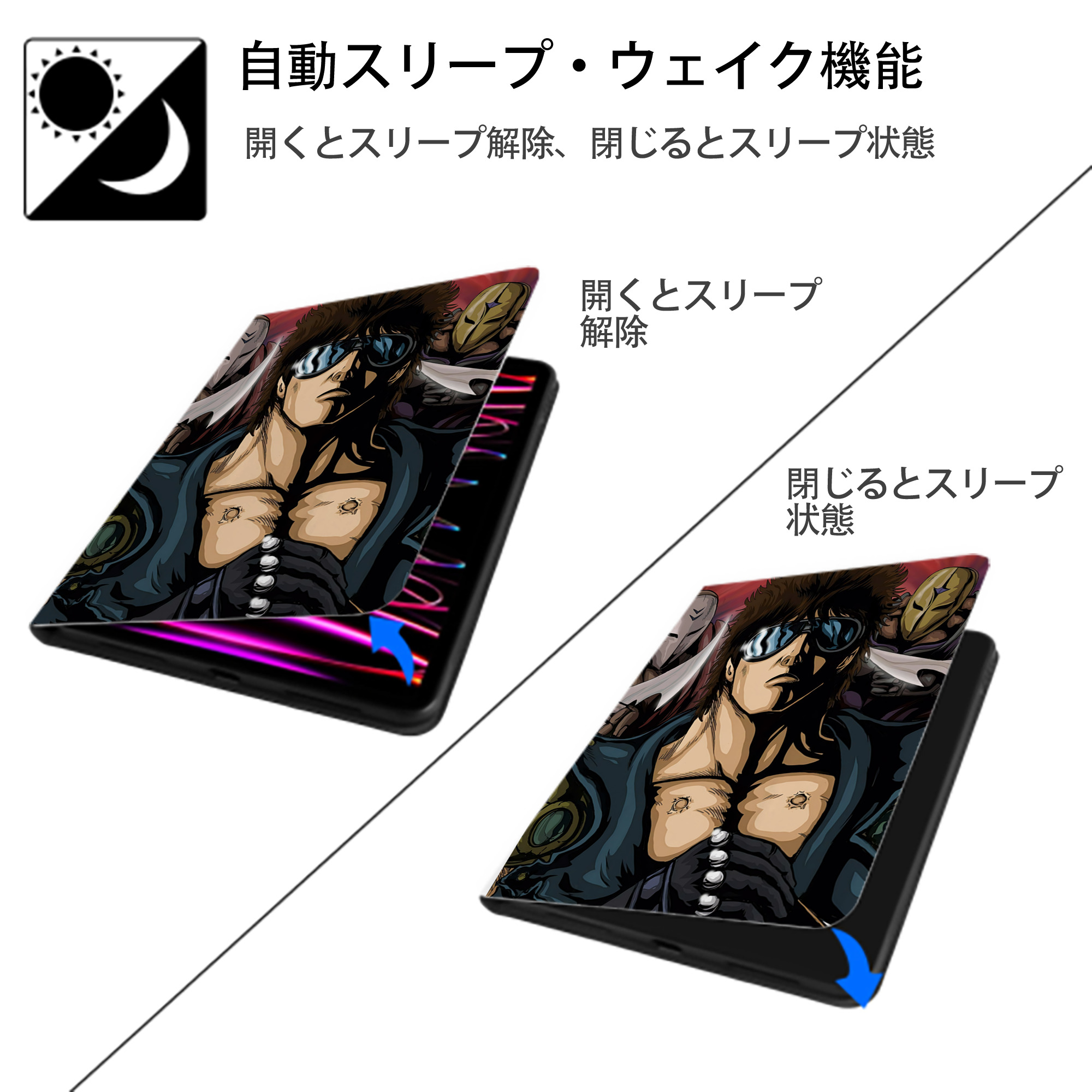 北斗の拳 Fist of the North Star IPad ケース ペン収納付き 三つ折りスタンド PUレザー×シリコン 対応機種9.5/10.5/10.9インチ