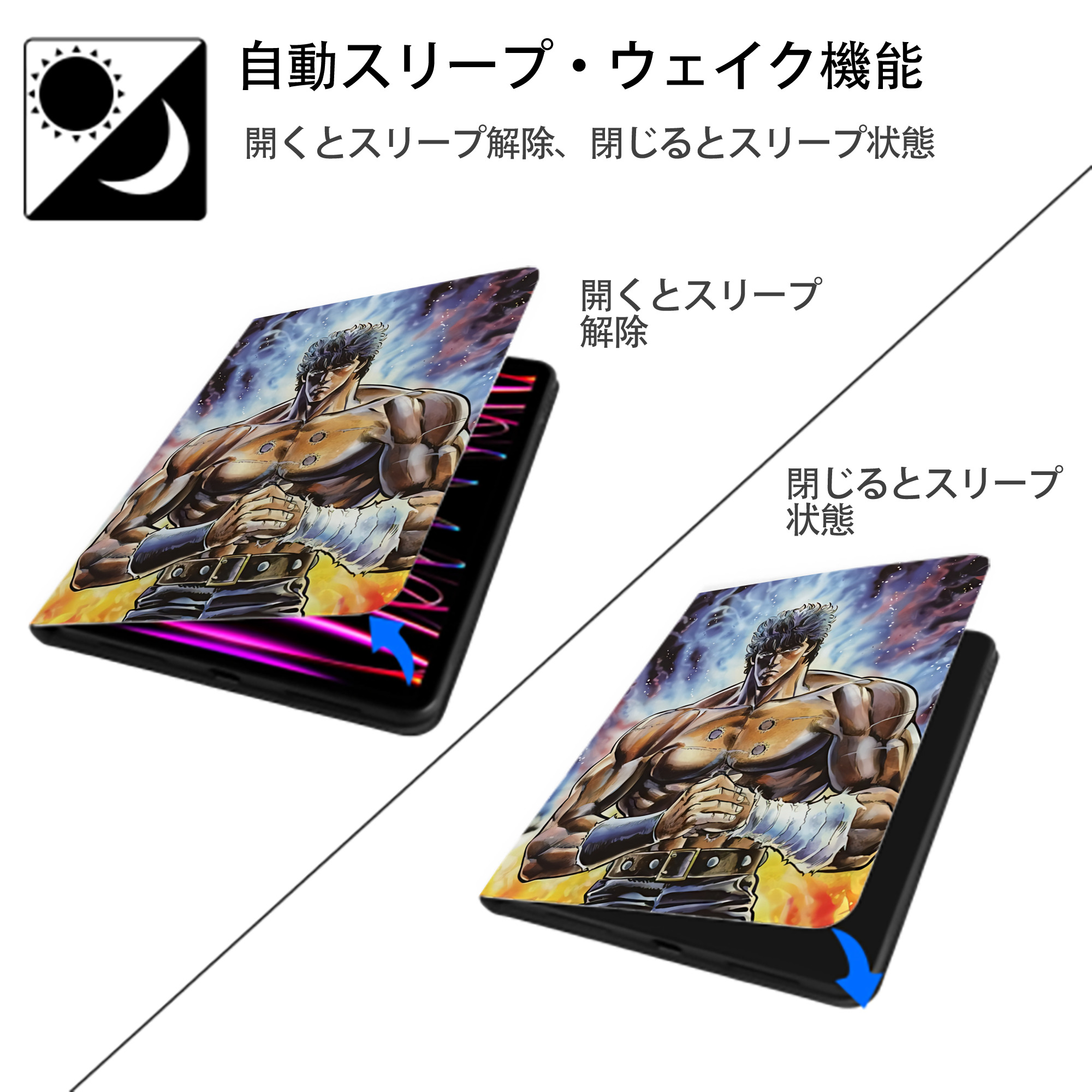 北斗の拳 Fist of the North Star IPad ケース ペン収納付き 三つ折りスタンド PUレザー×シリコン 対応機種9.5/10.5/10.9インチ