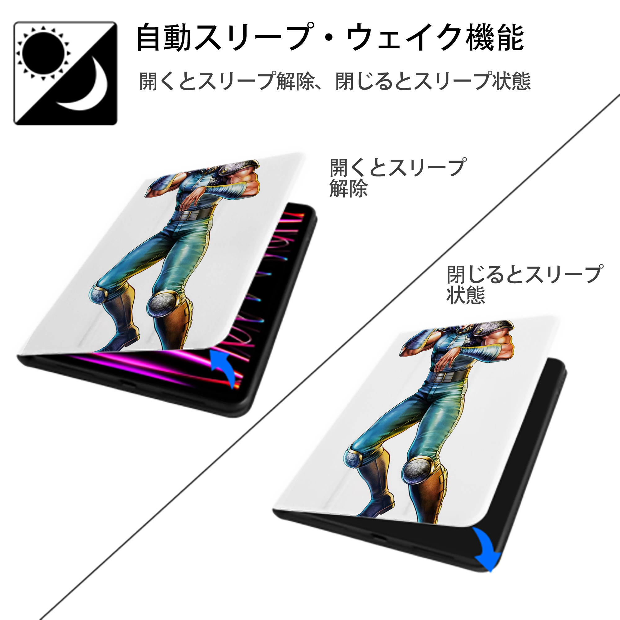 北斗の拳 Fist of the North Star IPad ケース ペン収納付き 三つ折りスタンド PUレザー×シリコン 対応機種9.5/10.5/10.9インチ