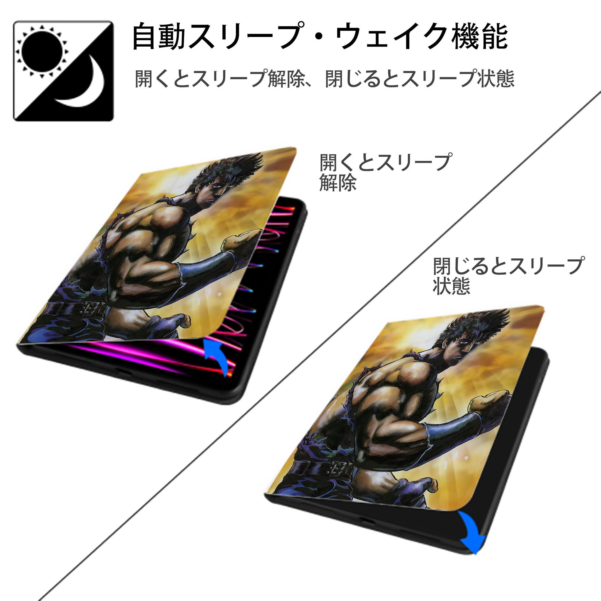 北斗の拳 Fist of the North Star IPad ケース ペン収納付き 三つ折りスタンド PUレザー×シリコン 対応機種9.5/10.5/10.9インチ