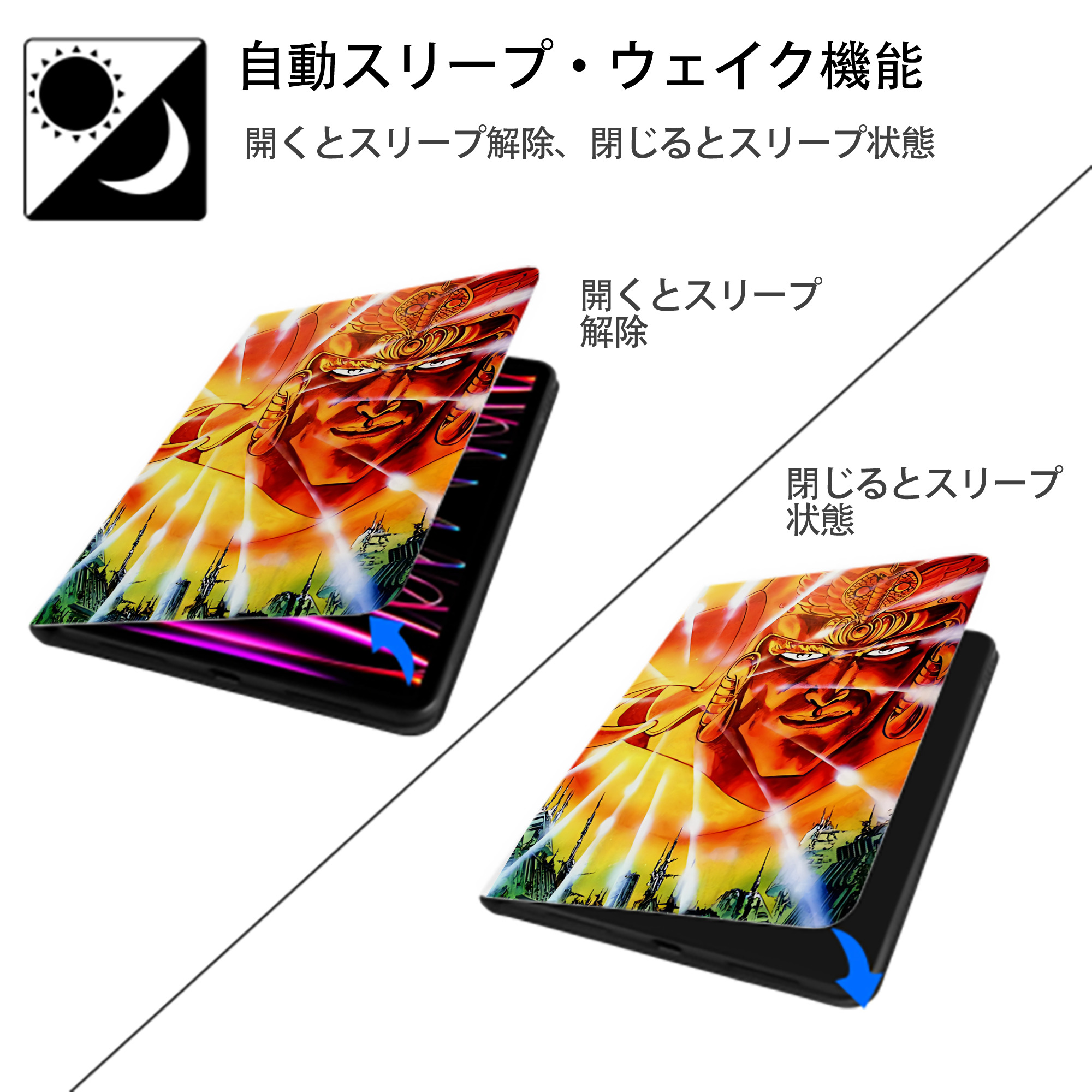 北斗の拳 Fist of the North Star IPad ケース ペン収納付き 三つ折りスタンド PUレザー×シリコン 対応機種9.5/10.5/10.9インチ