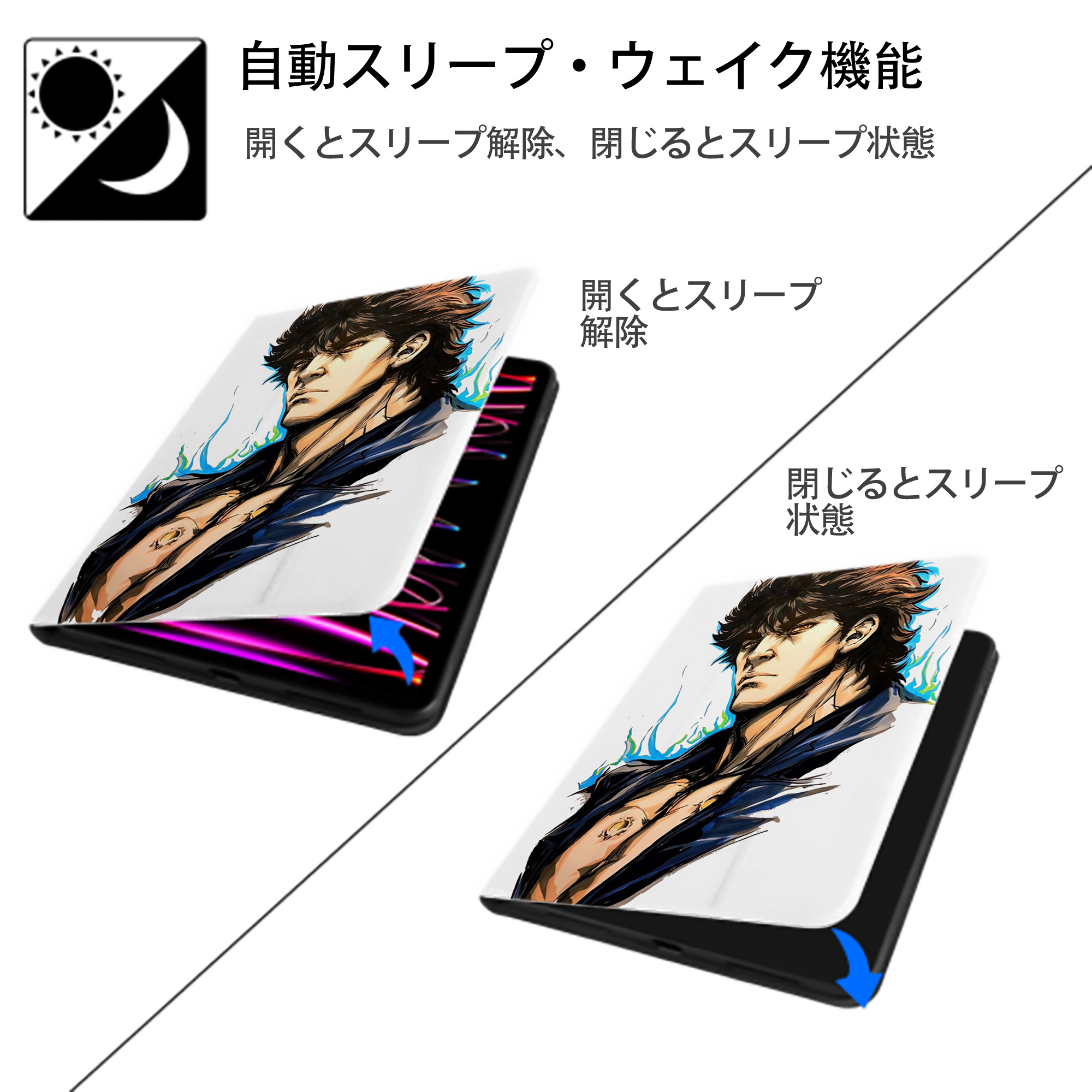 北斗の拳 Fist of the North Star IPad ケース ペン収納付き 三つ折りスタンド PUレザー×シリコン 対応機種9.5/10.5/10.9インチ
