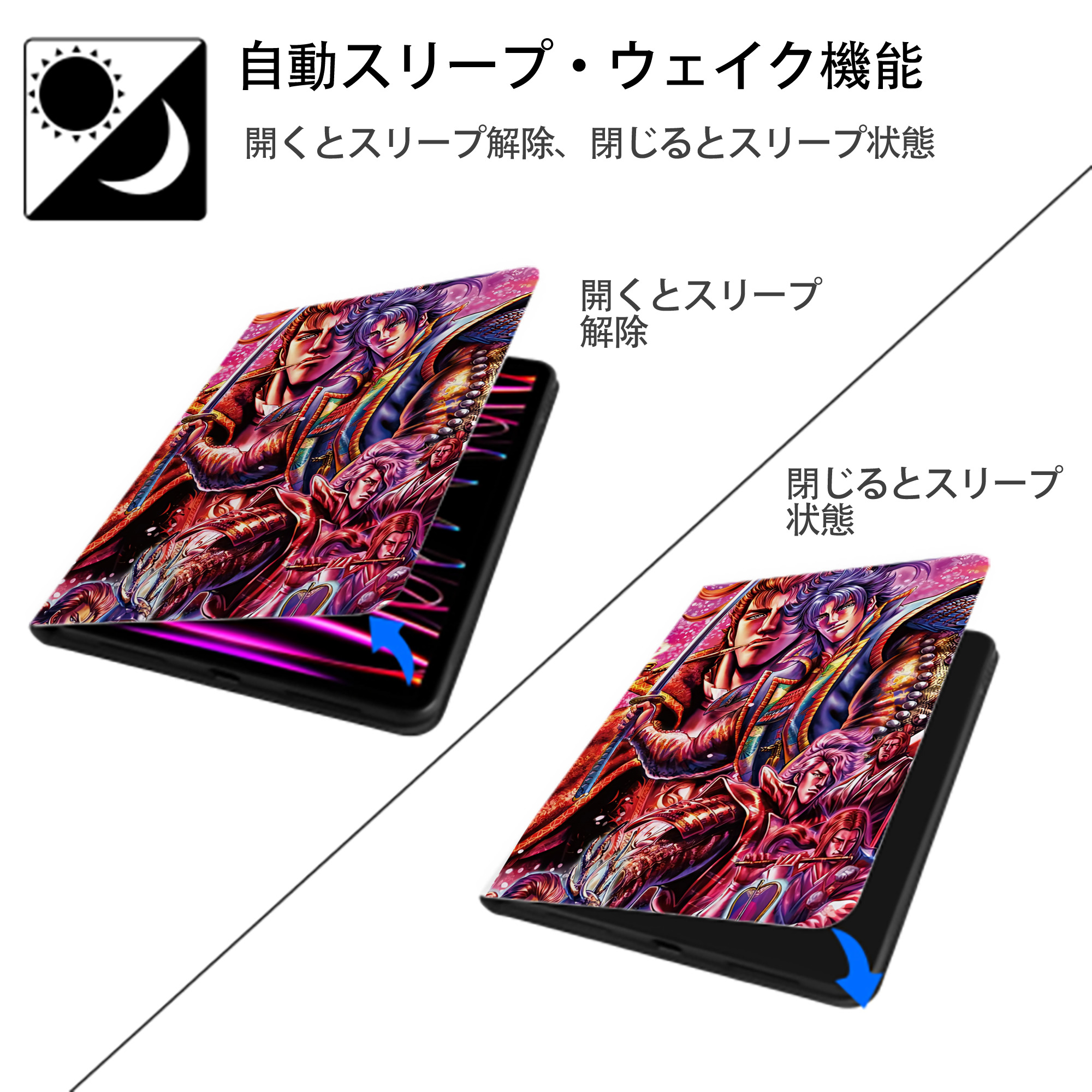 北斗の拳 Fist of the North Star IPad ケース ペン収納付き 三つ折りスタンド PUレザー×シリコン 対応機種9.5/10.5/10.9インチ
