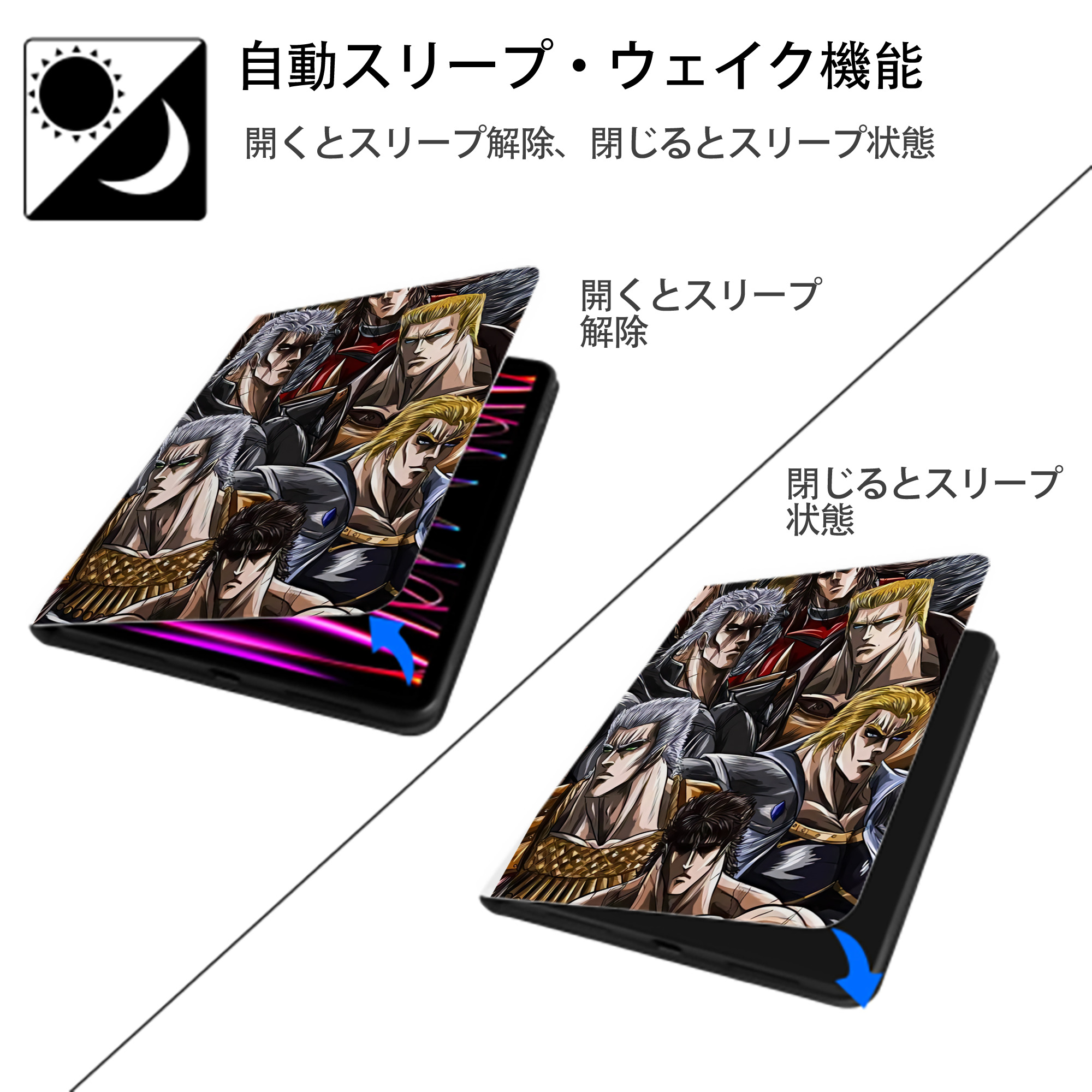 北斗の拳 Fist of the North Star IPad ケース ペン収納付き 三つ折りスタンド PUレザー×シリコン 対応機種9.5/10.5/10.9インチ