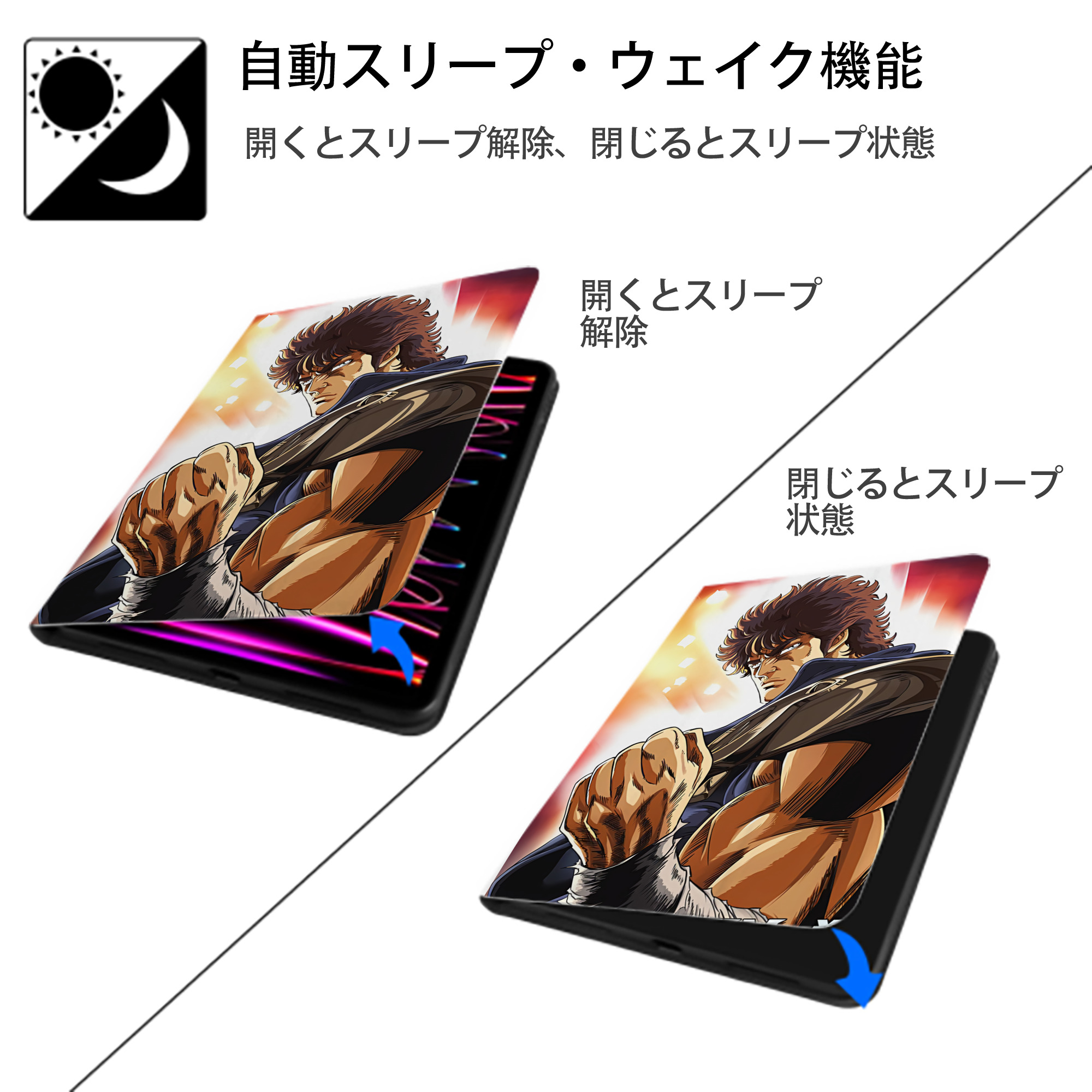 北斗の拳 Fist of the North Star IPad ケース ペン収納付き 三つ折りスタンド PUレザー×シリコン 対応機種9.5/10.5/10.9インチ