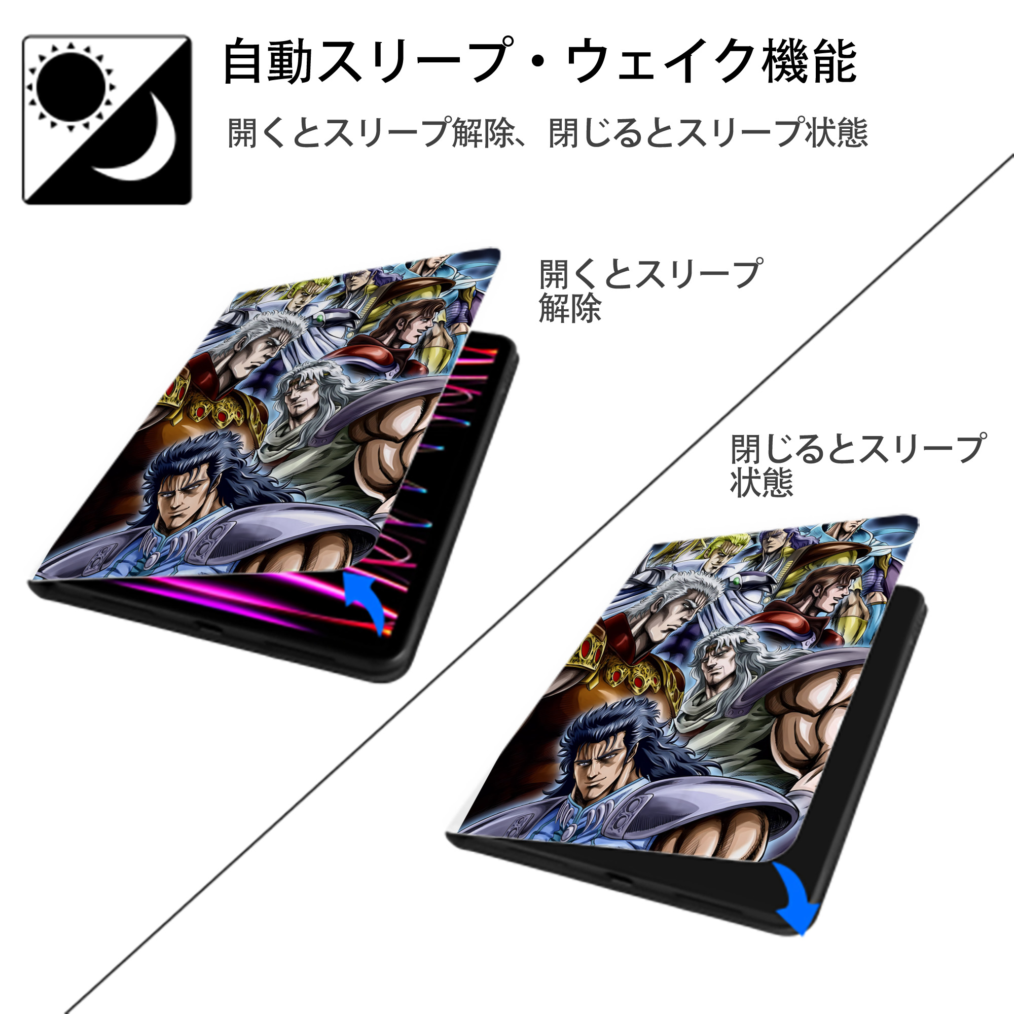 北斗の拳 Fist of the North Star IPad ケース ペン収納付き 三つ折りスタンド PUレザー×シリコン 対応機種9.5/10.5/10.9インチ
