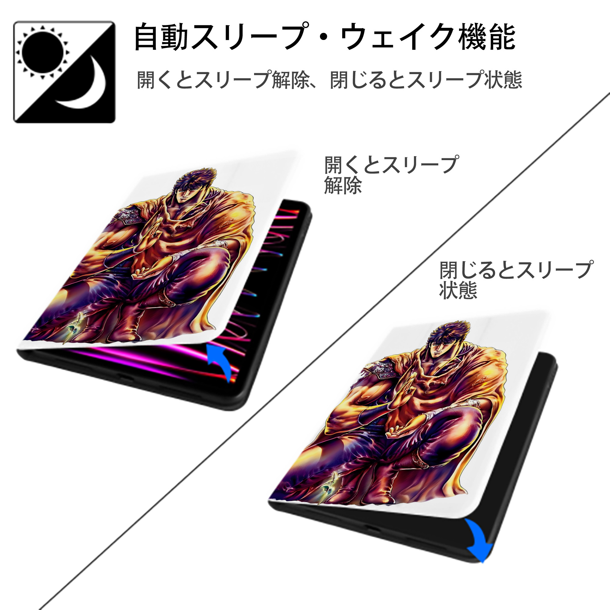 北斗の拳 Fist of the North Star IPad ケース ペン収納付き 三つ折りスタンド PUレザー×シリコン 対応機種9.5/10.5/10.9インチ