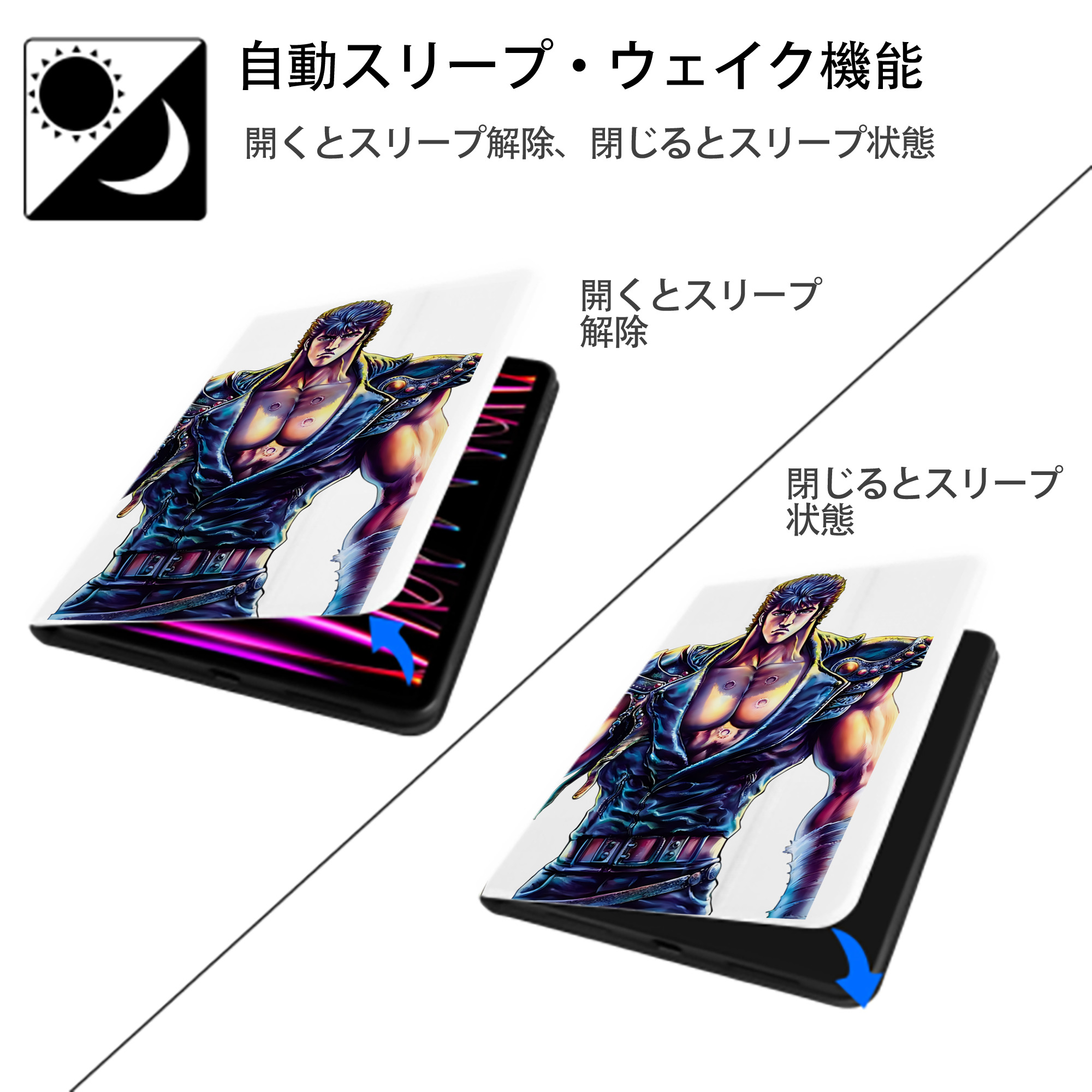 北斗の拳 Fist of the North Star IPad ケース ペン収納付き 三つ折りスタンド PUレザー×シリコン 対応機種9.5/10.5/10.9インチ