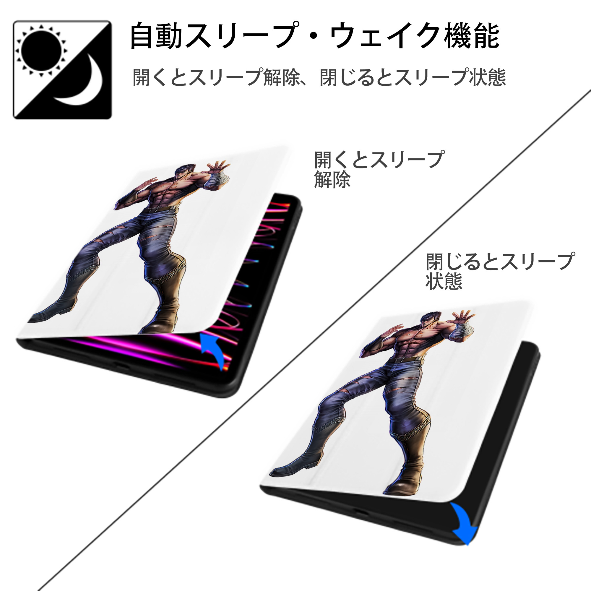 北斗の拳 Fist of the North Star IPad ケース ペン収納付き 三つ折りスタンド PUレザー×シリコン 対応機種9.5/10.5/10.9インチ