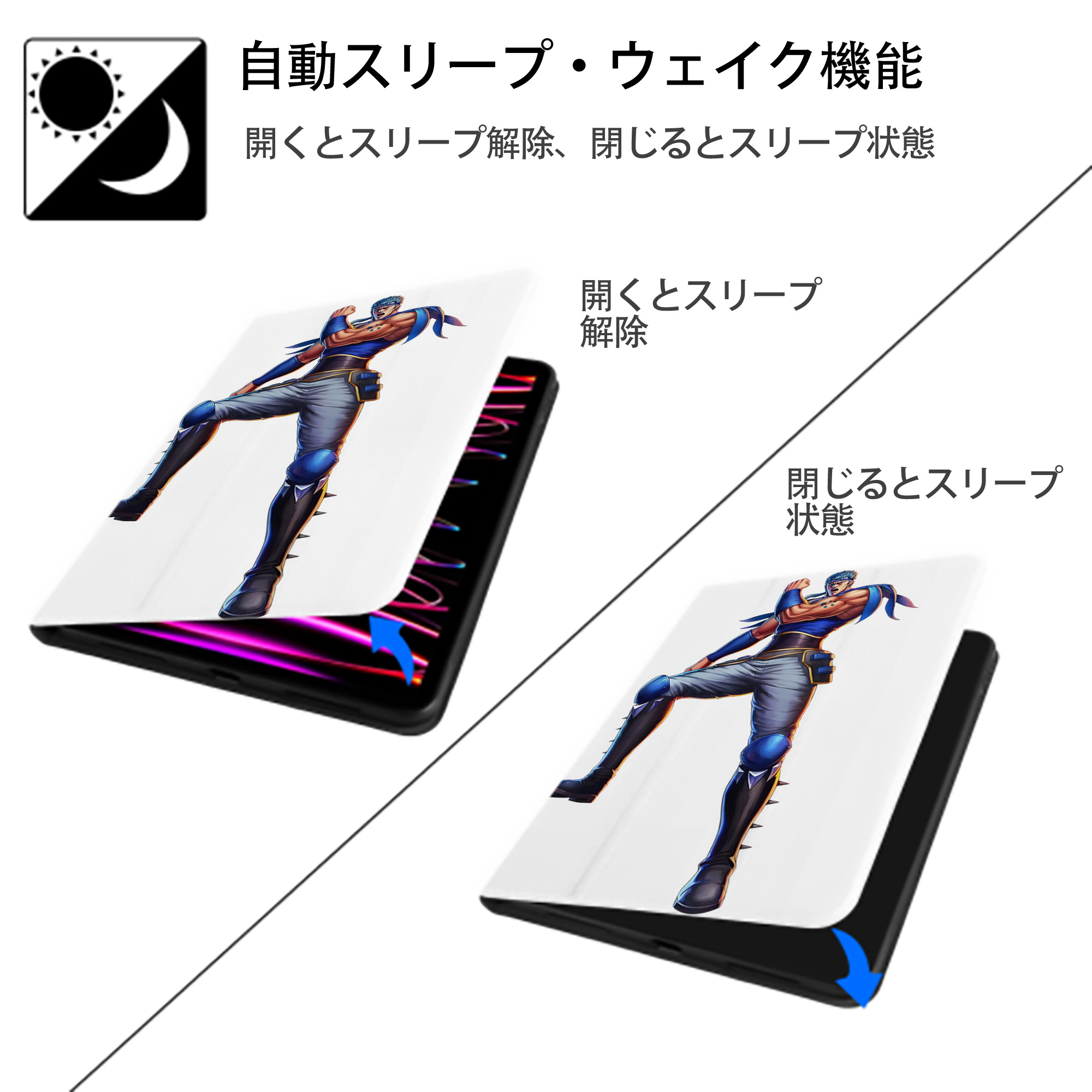 北斗の拳 Fist of the North Star IPad ケース ペン収納付き 三つ折りスタンド PUレザー×シリコン 対応機種9.5/10.5/10.9インチ