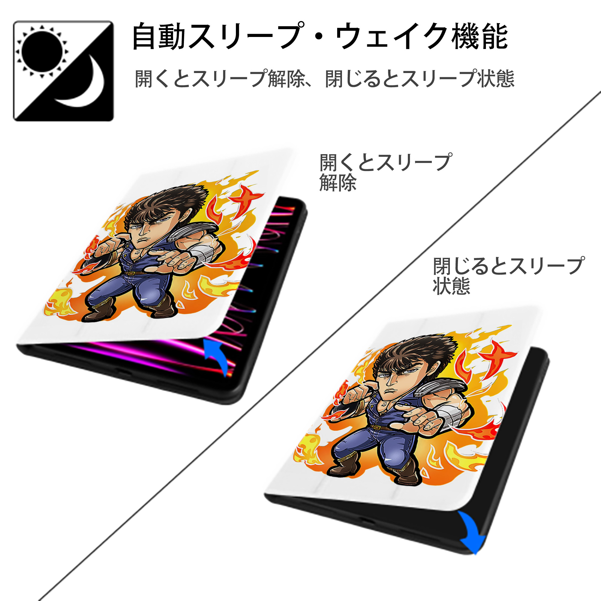 北斗の拳 Fist of the North Star IPad ケース ペン収納付き 三つ折りスタンド PUレザー×シリコン 対応機種9.5/10.5/10.9インチ