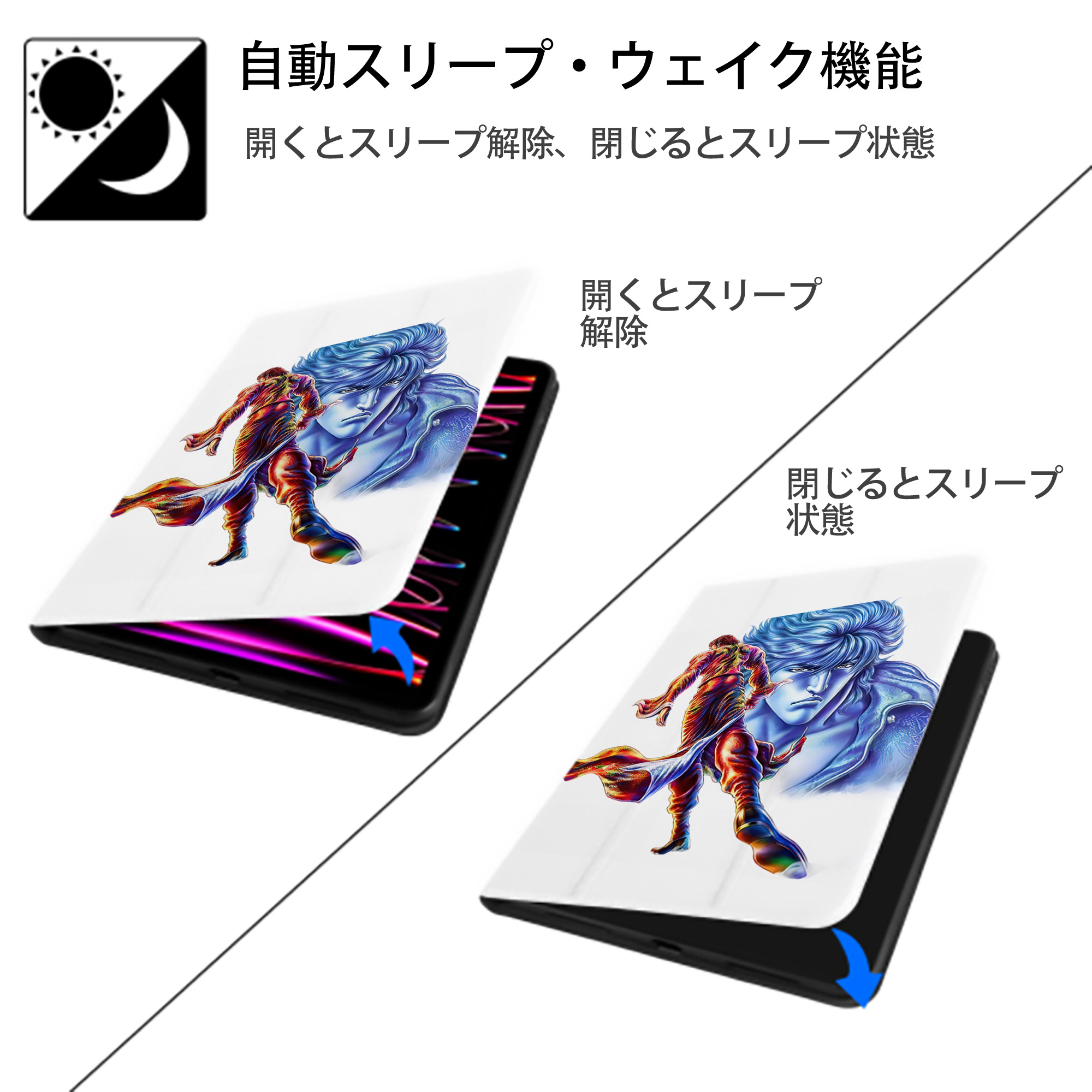 北斗の拳 Fist of the North Star IPad ケース ペン収納付き 三つ折りスタンド PUレザー×シリコン 対応機種9.5/10.5/10.9インチ
