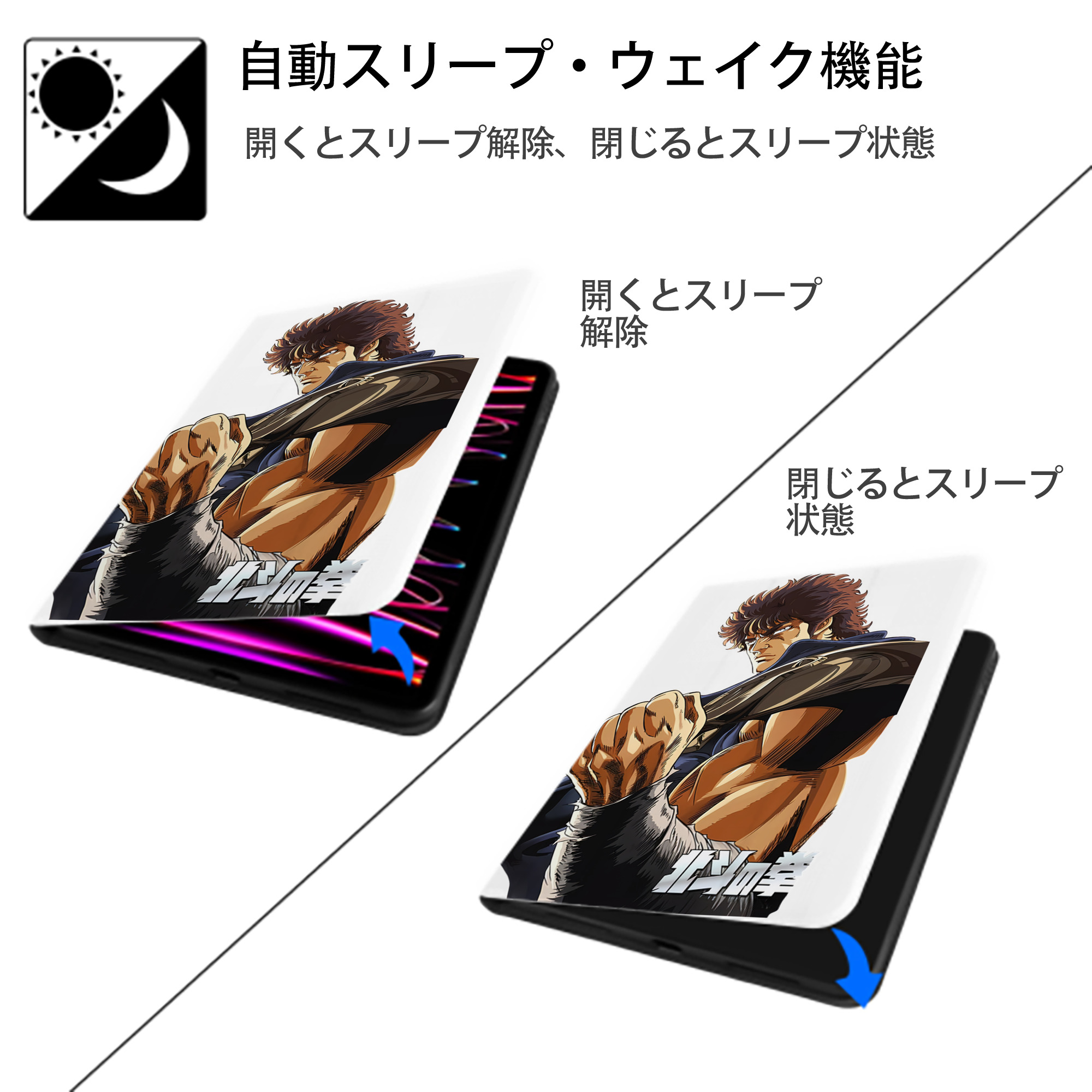 北斗の拳 Fist of the North Star IPad ケース ペン収納付き 三つ折りスタンド PUレザー×シリコン 対応機種9.5/10.5/10.9インチ