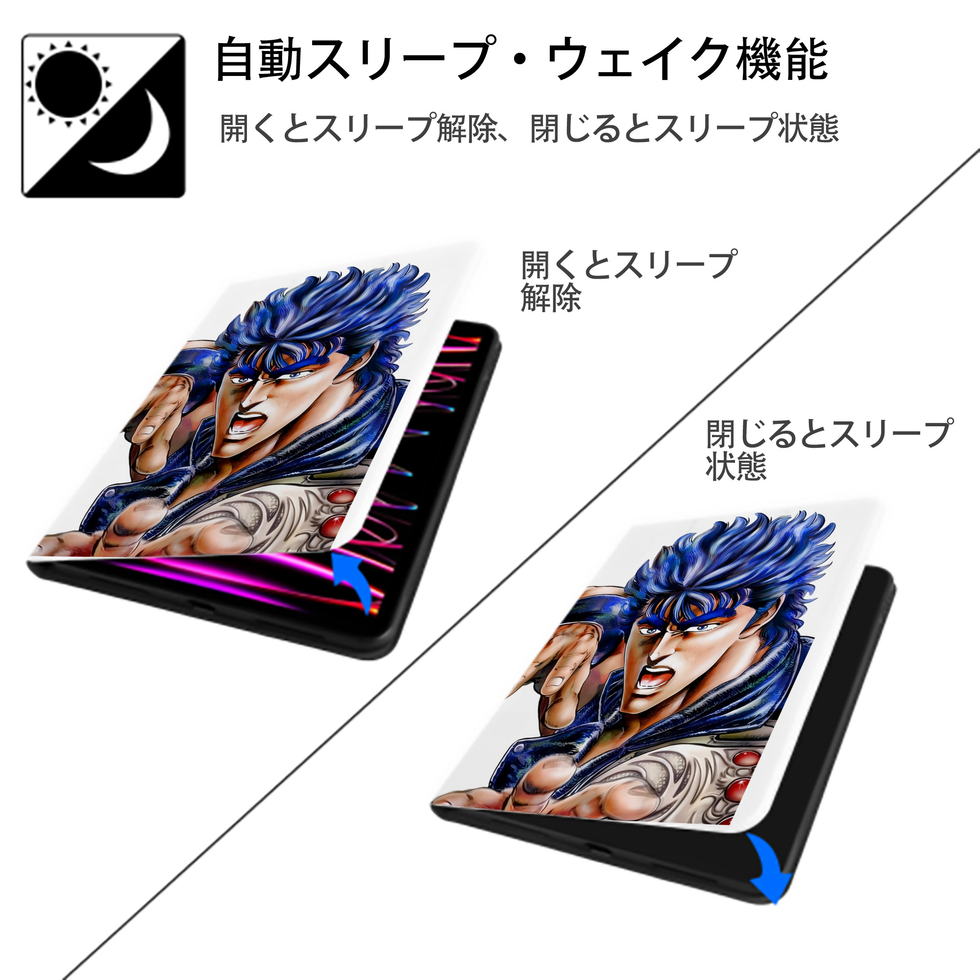 北斗の拳 Fist of the North Star IPad ケース ペン収納付き 三つ折りスタンド PUレザー×シリコン 対応機種9.5/10.5/10.9インチ