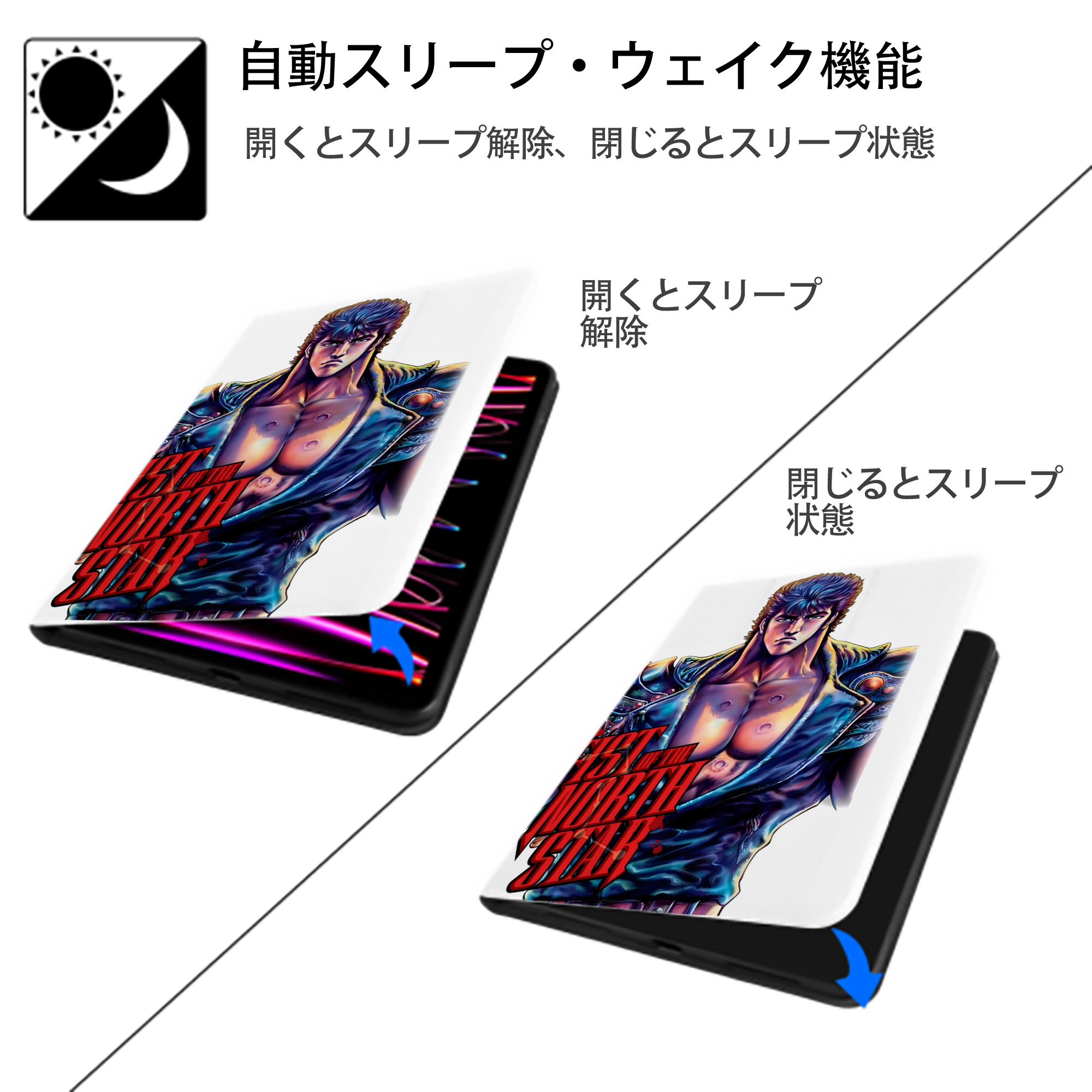北斗の拳 Fist of the North Star IPad ケース ペン収納付き 三つ折りスタンド PUレザー×シリコン 対応機種9.5/10.5/10.9インチ