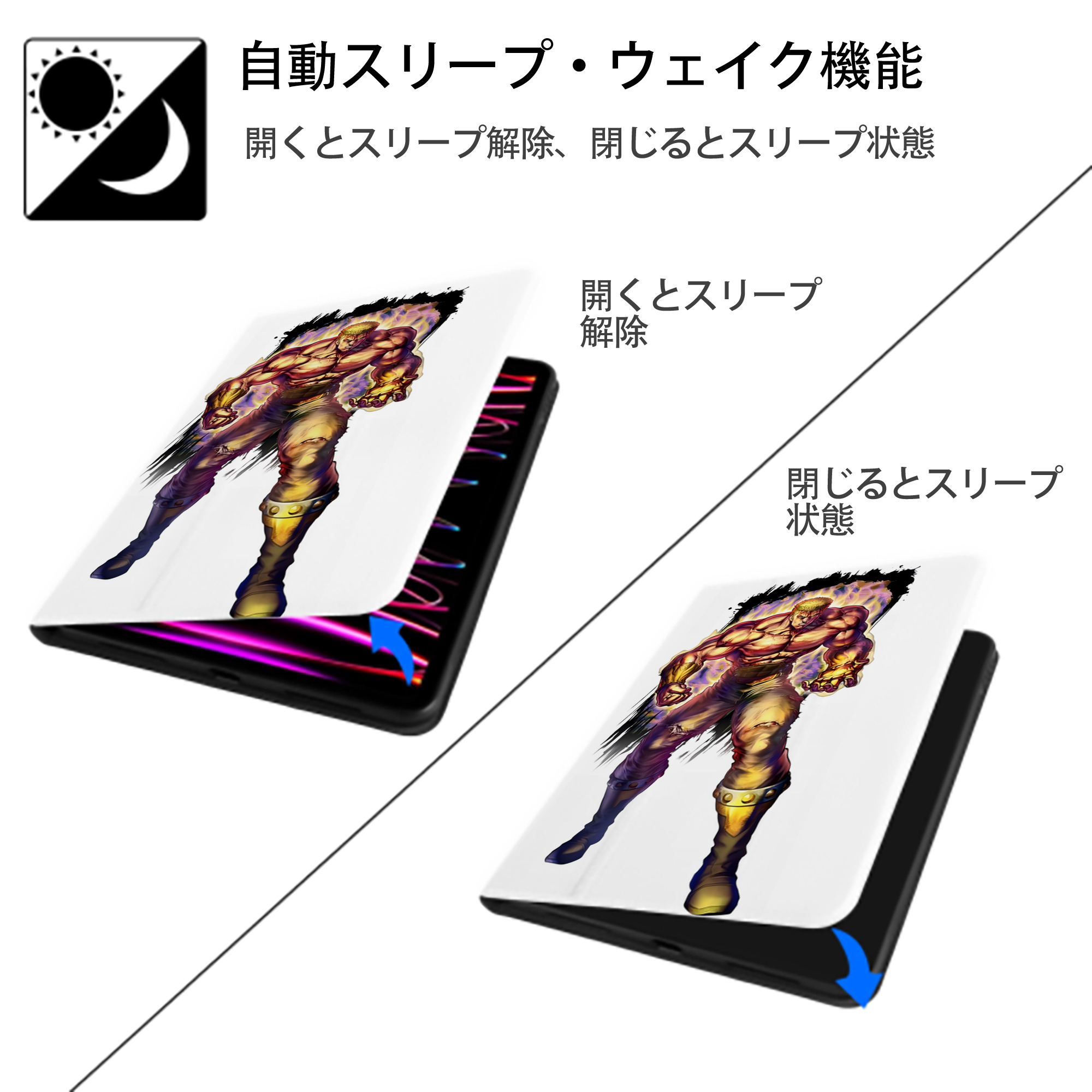 北斗の拳 Fist of the North Star IPad ケース ペン収納付き 三つ折りスタンド PUレザー×シリコン 対応機種9.5/10.5/10.9インチ